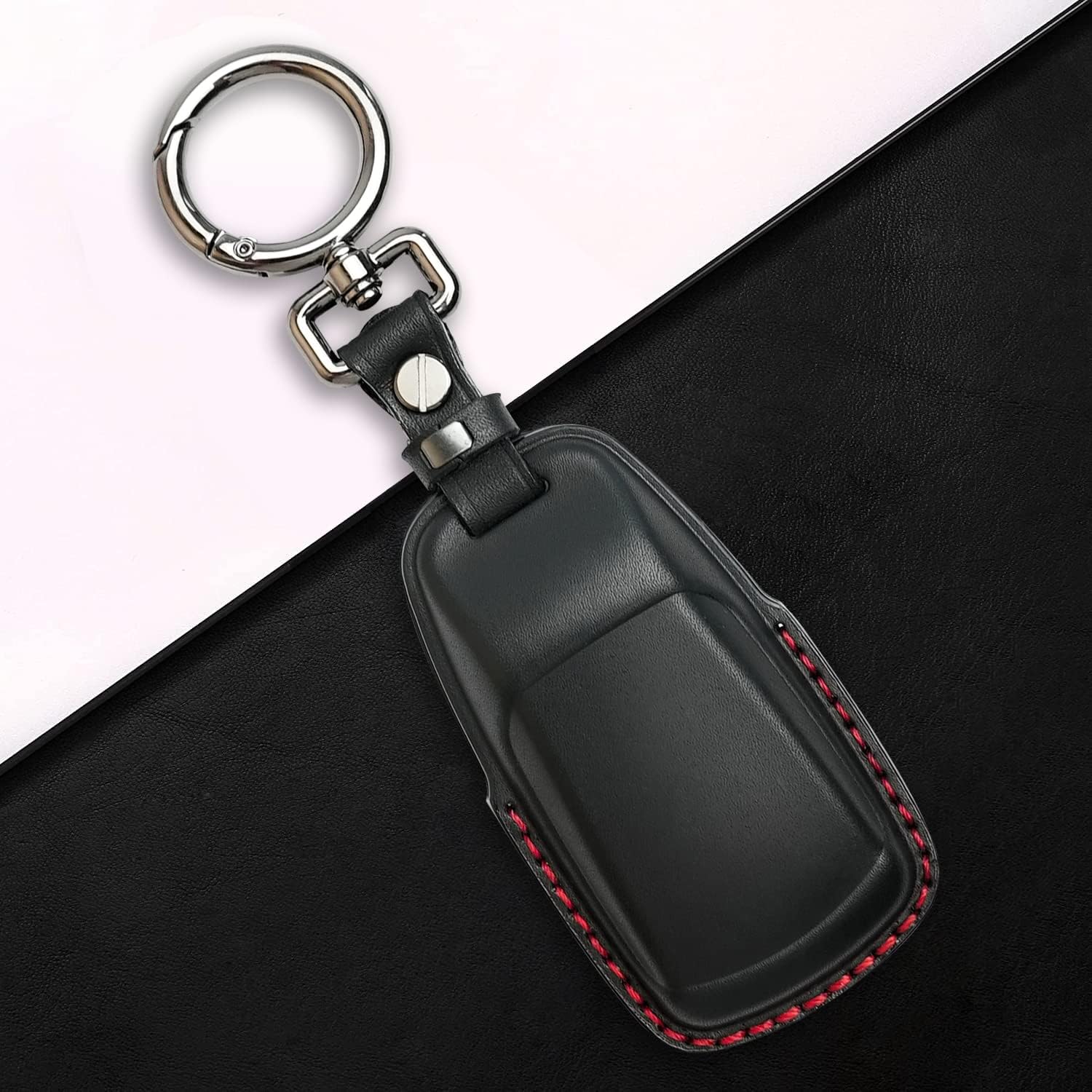 Tukellen for Audi Key Fob Cover Genuine Leather with Keychain,Leather Key Case Protector Compatible Audi A4 Q7 Q5 TT A3 A6 SQ5 R8 S5 Smart Key-Black (Red Line)