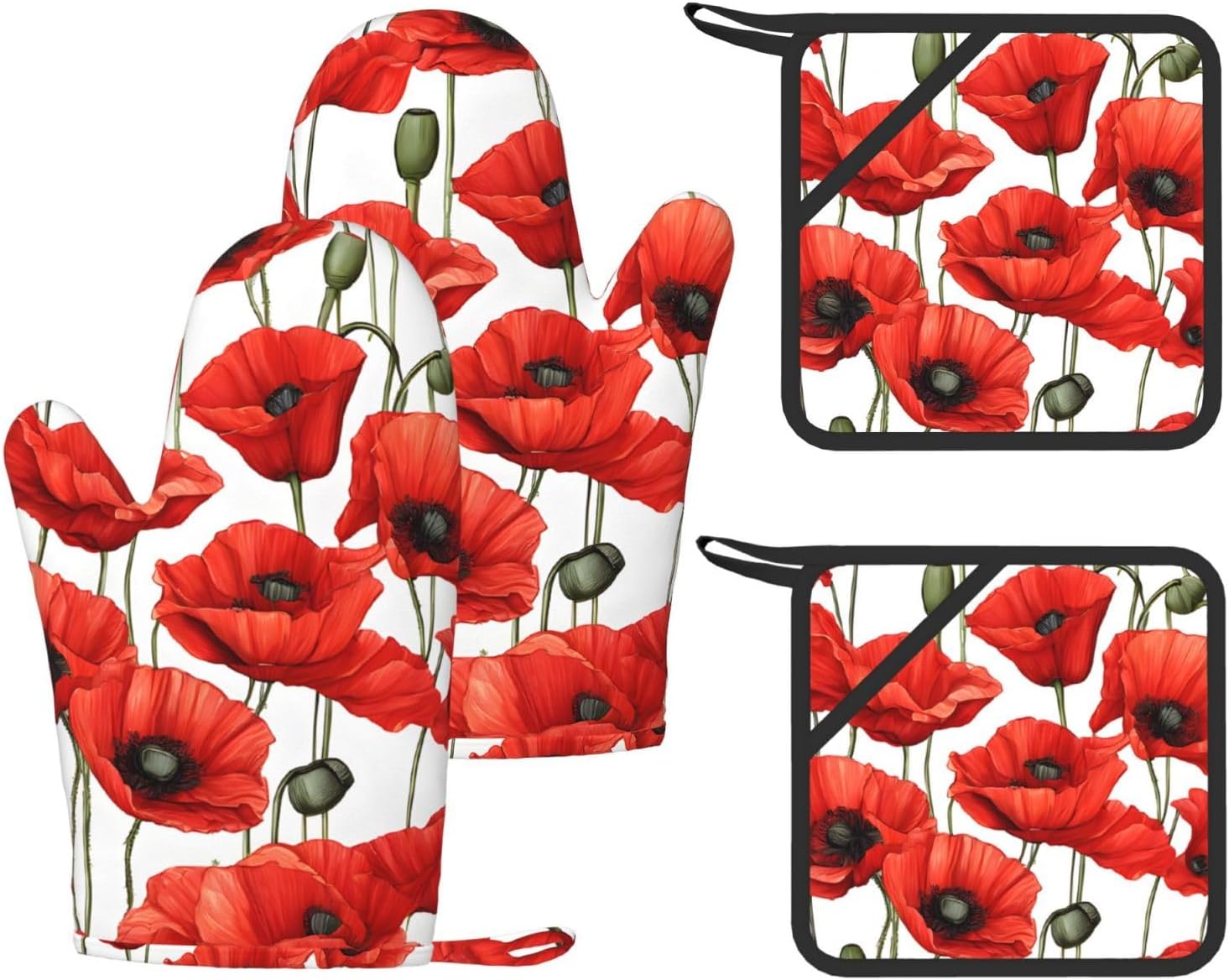 Red Poppy Flower Oven Mitts and Pot Holders Set of 4 Heat Resistant Kitchen Gloves with Silicone Palm Hot Pads for Baking Cooking Grilling BBQ