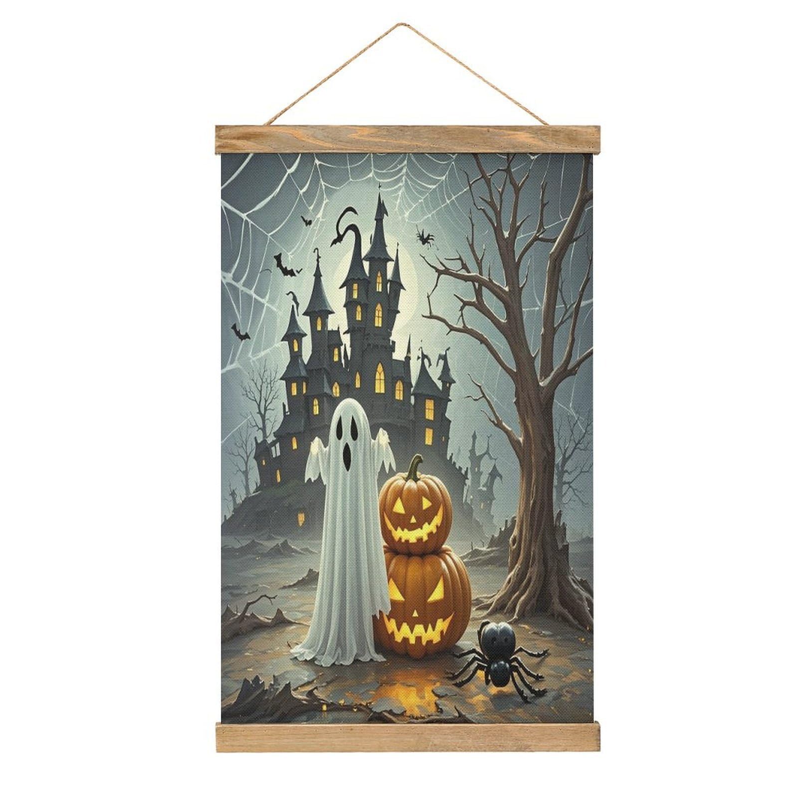 VstaDank Ghost Pumpkin Castle Hanging Poster with Wooden Frame Modern Linen Hanging Painting Retro Style Wall Decor Art Painting for Living Room,Bedroom Decor Poster Frame 20.4x13.1inch