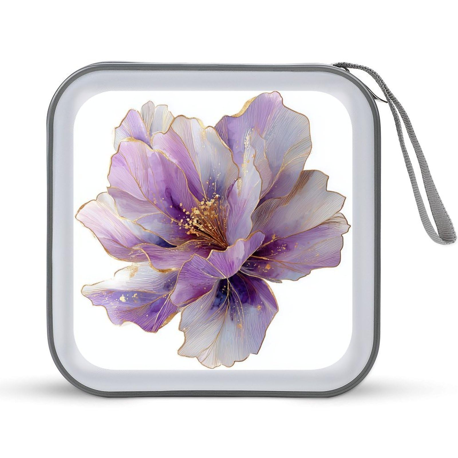 Jubonexis Abstract Watercolor Translucent Lilac Flower with Gold CD Case DVD Storage Case Portable for Car Home Travel