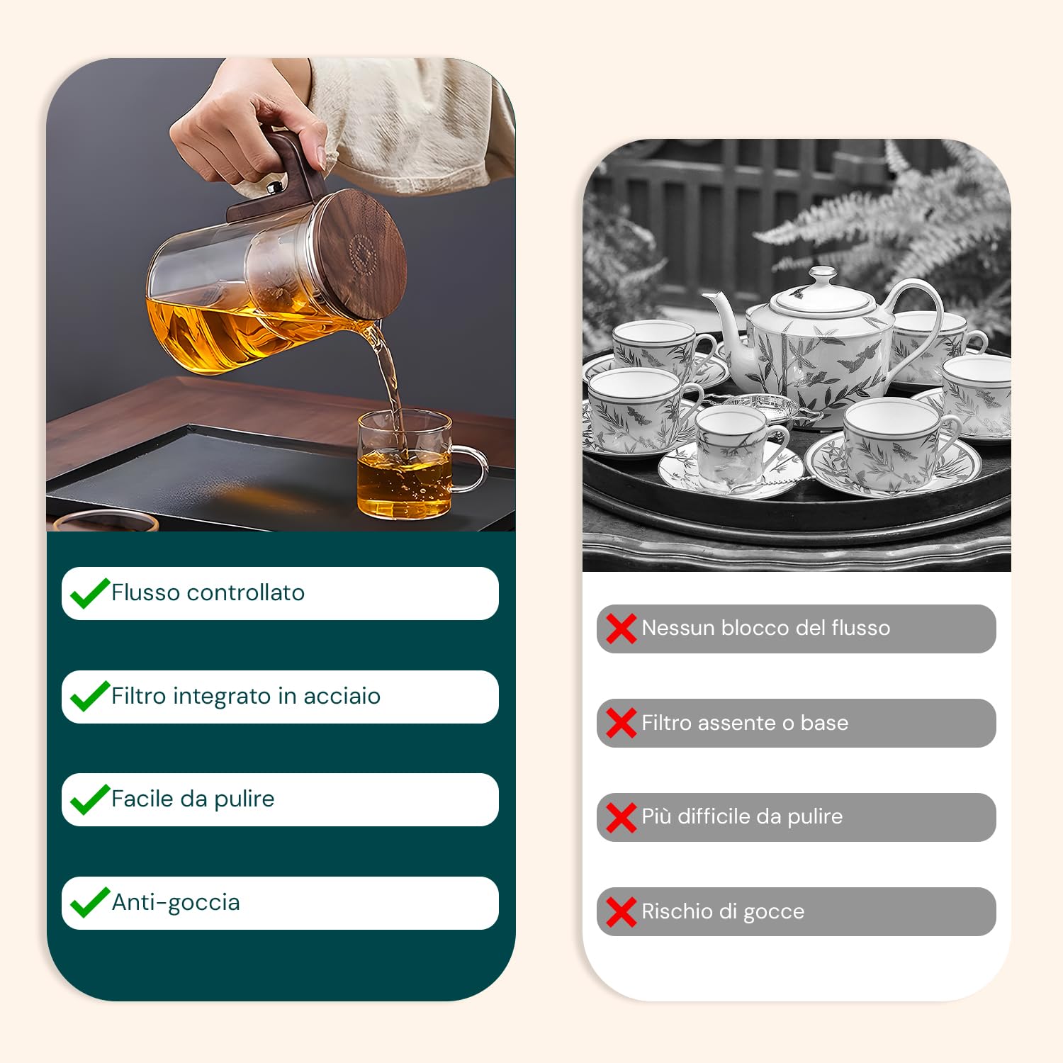 Avilia - Teiera in Vetro con Infusore da 600/800ml con Manico Effetto Legno Antiscottatura, Infusore a Pressione Integrato per Tè e Tisane, Chiusura Ermetica, Facile da Usare e da Pulire