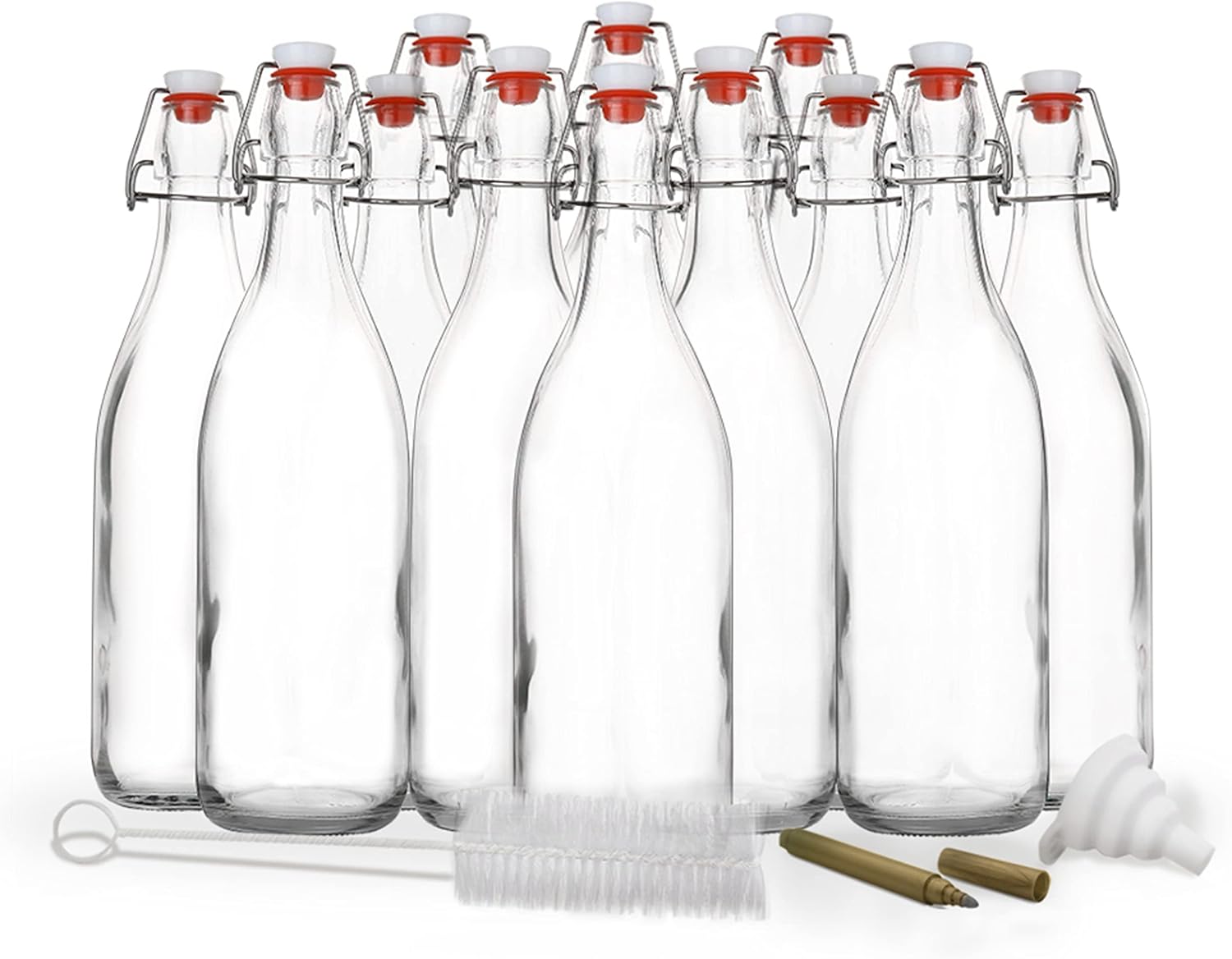 Nevlers Set of 12| 17 oz Round Glass Bottle Set with Airtight Swing Top Stoppers | Home Brewing Bottles for Kombucha - Beer - Limoncello | Swing Top Glass Bottles Includes Brush, Funnel and Marker