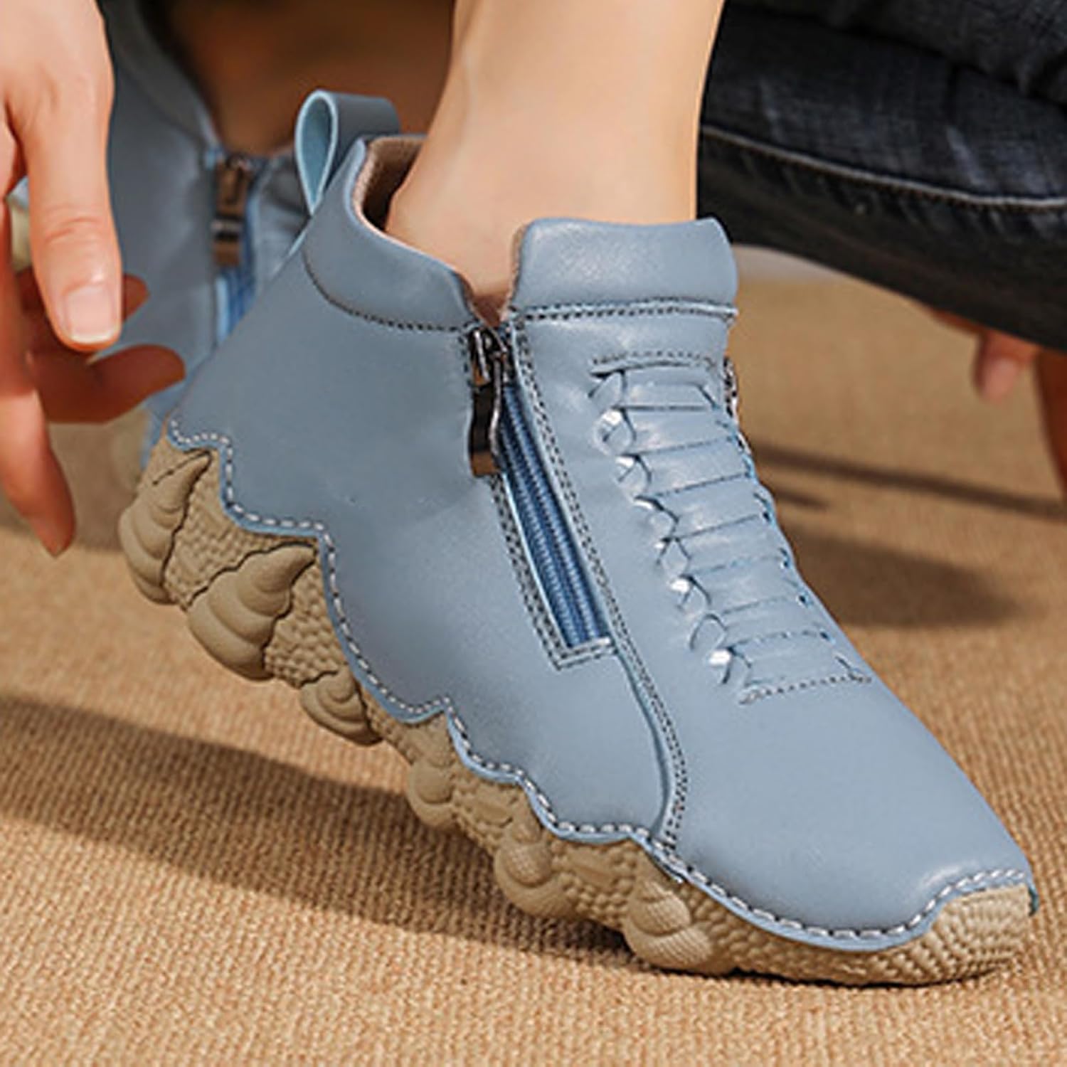 Ankle Boots for Women Platform Non-Slip Hiking Bareboot Shoes Zipper Round Toe Leather Chukka Boot Slip On Comfortable Walking Boot Outdoor Fashion Sneakers