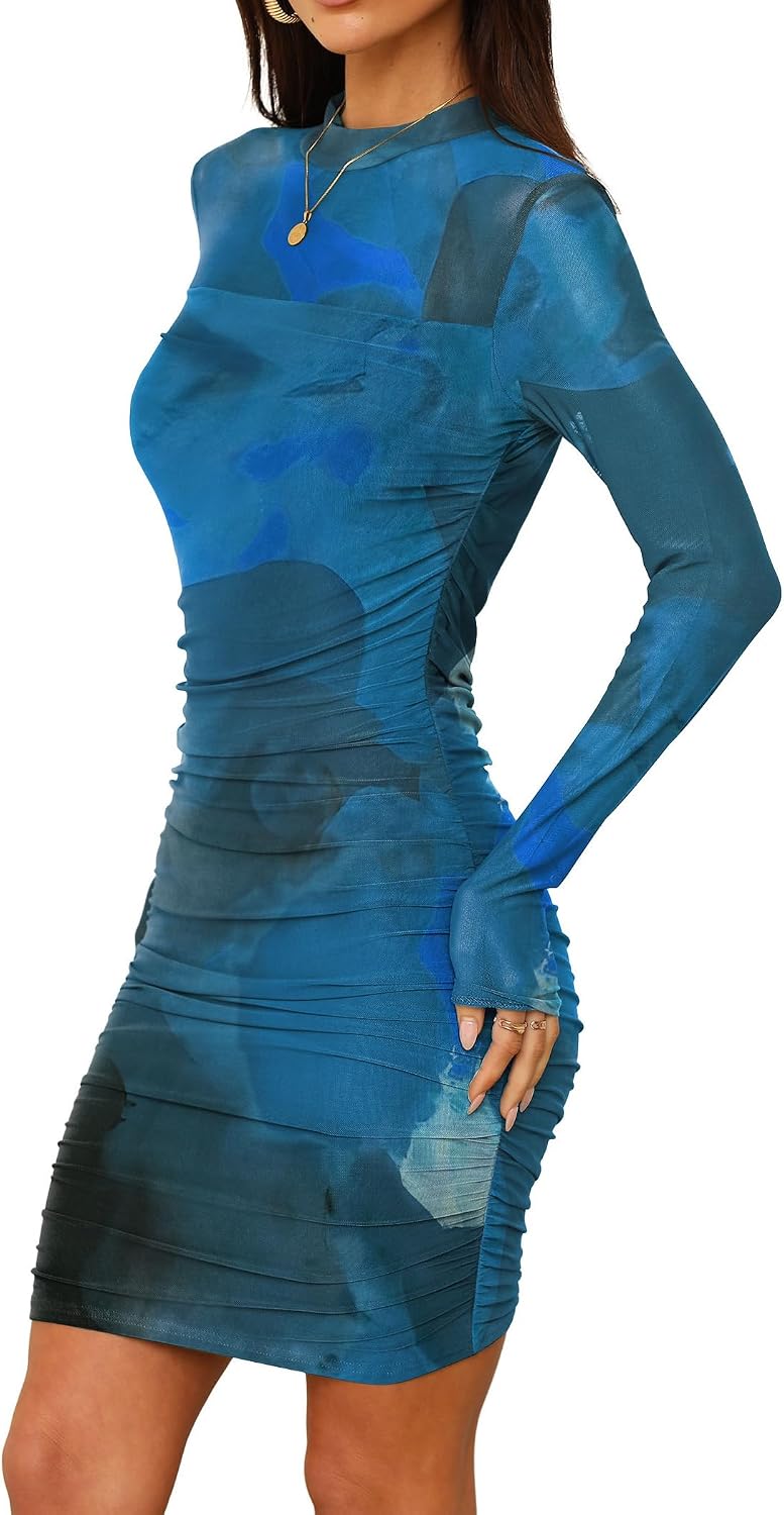 WIHOLL Women's Mesh Sheer Long Sleeve Ruched Mini Dress Sexy Bodycon Mock Neck Cocktail Party Club Spring Dresses 2026 image 4