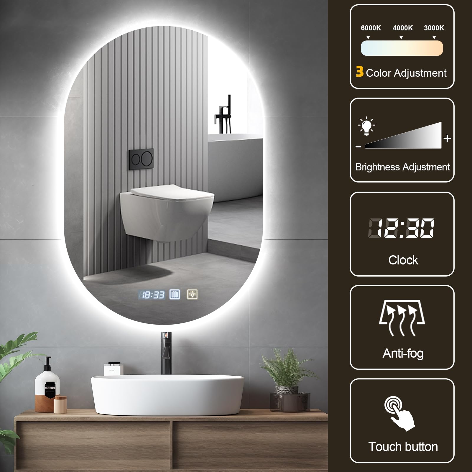 Espejo Baño LED Inteligente 70x50cm - Espejo con Luz y Antivaho, Temperatura de Color Ajustable, Atril para Secador, Luz de Pared Trasera y Función de Reloj - Espejo de Pared para Maquillaje y