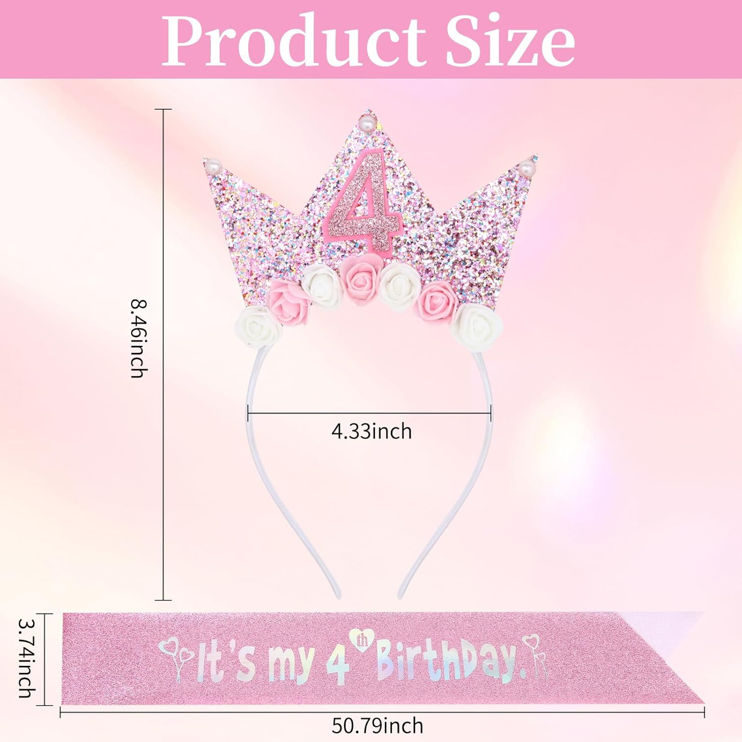 YARIEW 4th Birthday Decorations, 4th Birthday Headband and Glitter Sash Kit, Tiara Flower Princess Crown Headband for Party Favors Outfit - Image 2