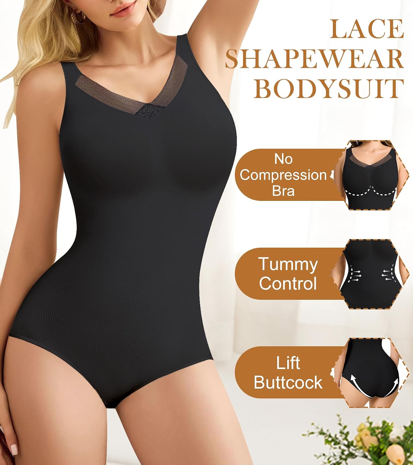 V Neck Shapewear for Women Tummy Control, Seamless Bodysuit with Lace, Comfort All Day Wear Under Dresses