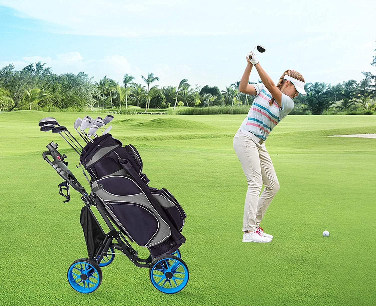 Bіg Sаlе Morinome Golf Push Cart, 4 Wheel Folding Compact Golf Pull Cart with with Umbrella Drink Holder, Golf Cart for Golf Bag, Clubs