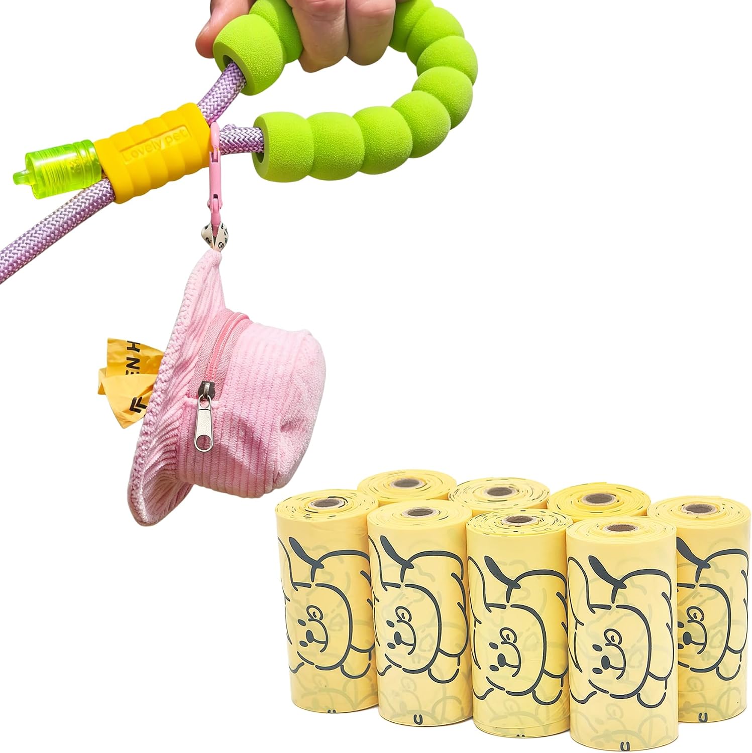 Cute Hat-Shaped Corduroy Dog Poop Bag Holder - Leash-Attached Elastic Strap, Quick Access Portable Dog Walking Accessory, Includes 8 Rolls (120 Pet Waste Bags, Pink)