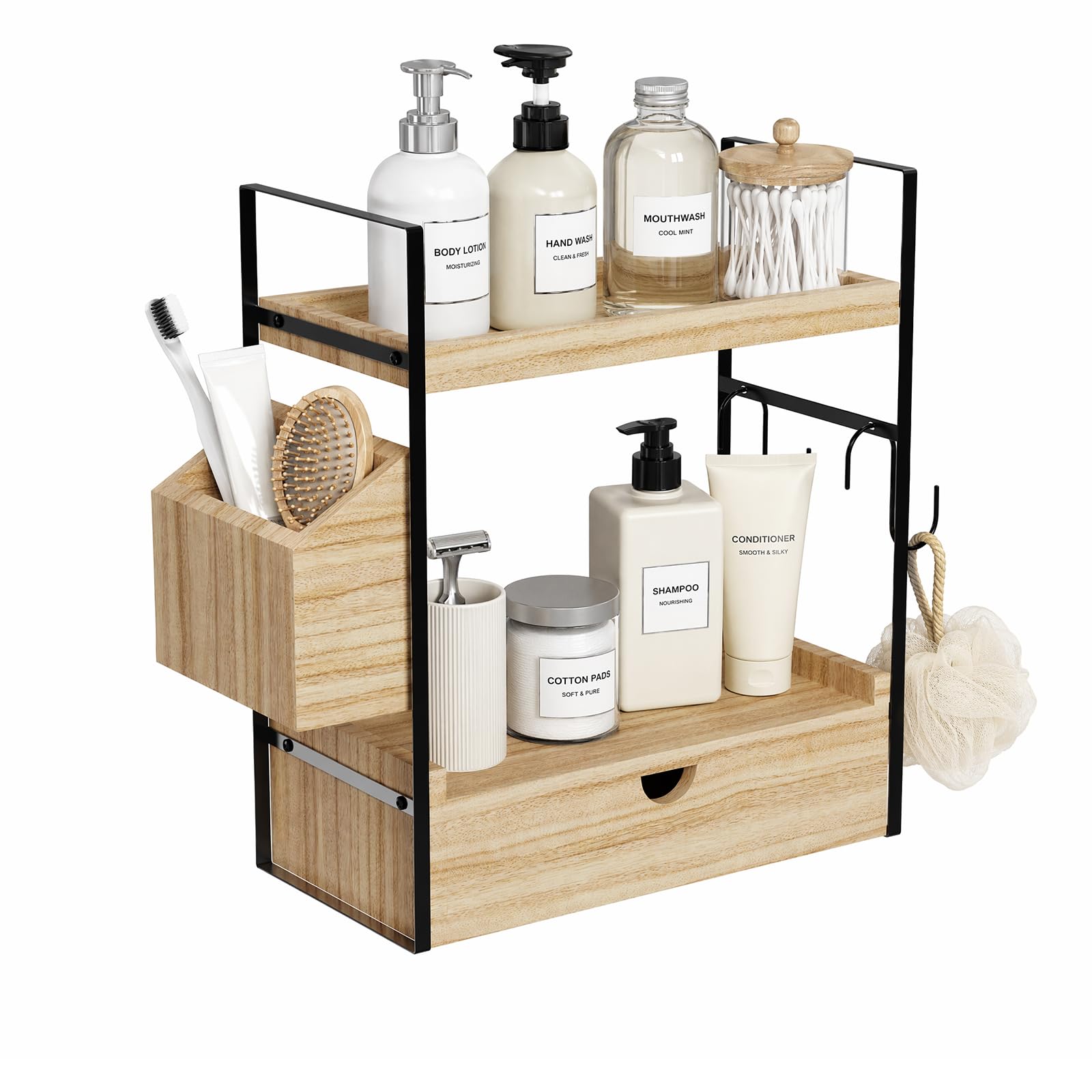 Organizer da bagno con cassetto e cesto, scaffale da bagno a 2 livelli in legno per lavabo, toeletta e cucina, scaffale da tavolo impermeabile con ganci, stabile struttura in metallo, 33 x 17