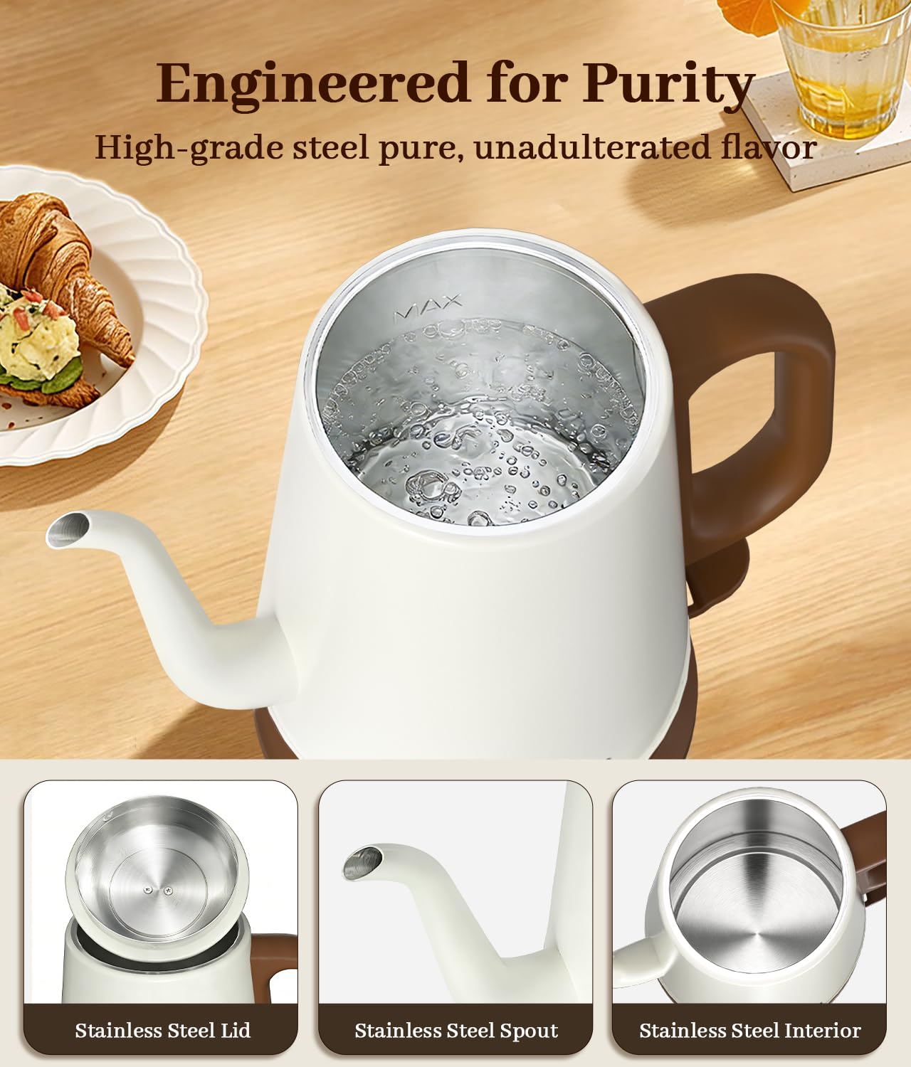 YTLAD Gooseneck Electric Kettle 1L, 1000W Fast Boiling for Pour-Over Coffee & Tea, 304 Stainless Steel BPA-Free, Precise Flow Spout, Auto Shut-Off & Boil-Dry Protection, Retro Style (White) - 5