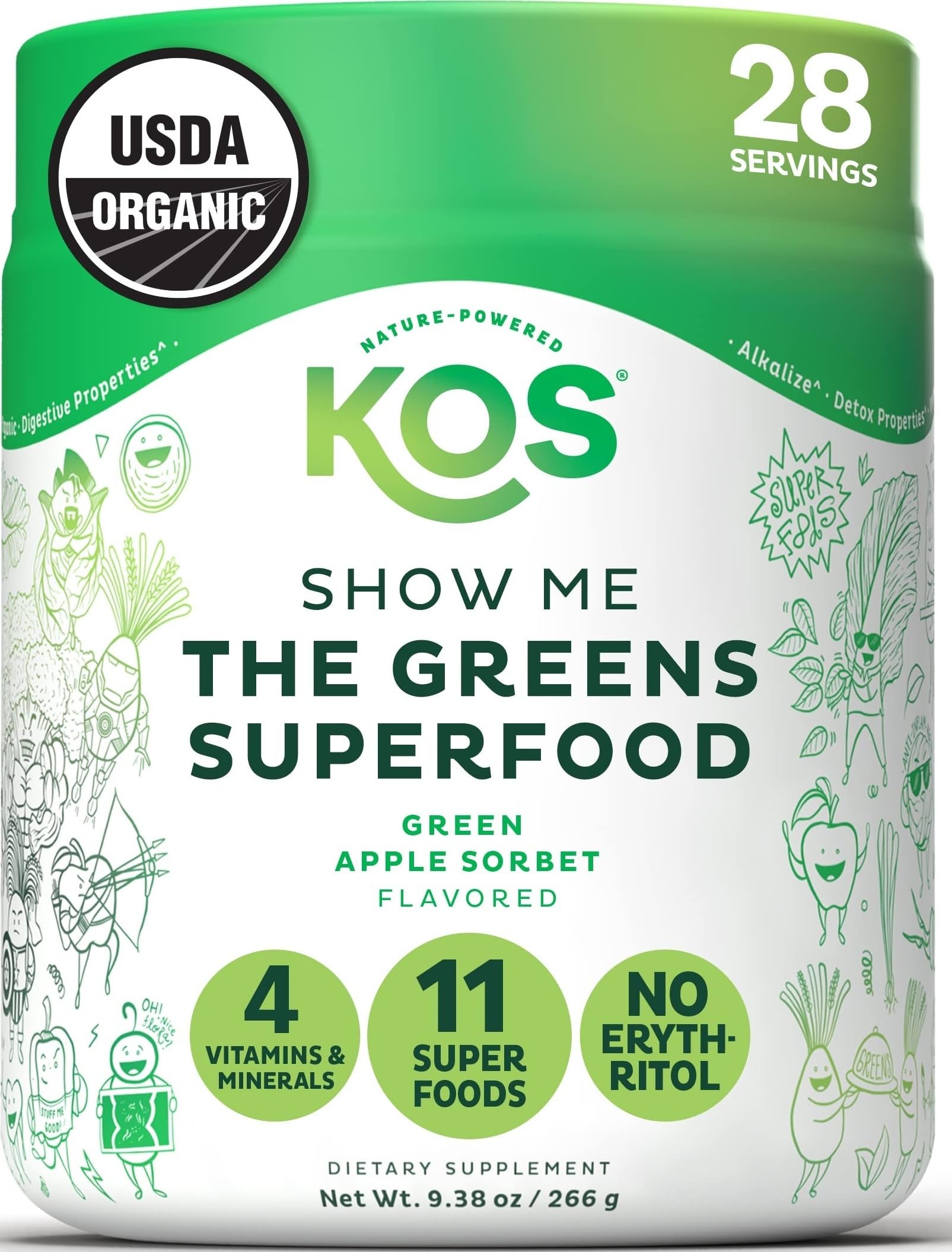 KOS Organic Super Greens Powder Erythritol Free - Plant Based Superfood Blend with Spirulina, Chlorella & Wheatgrass - USDA Certified Organic, Green Juice Smoothie - Apple Flavor - 28 Servings