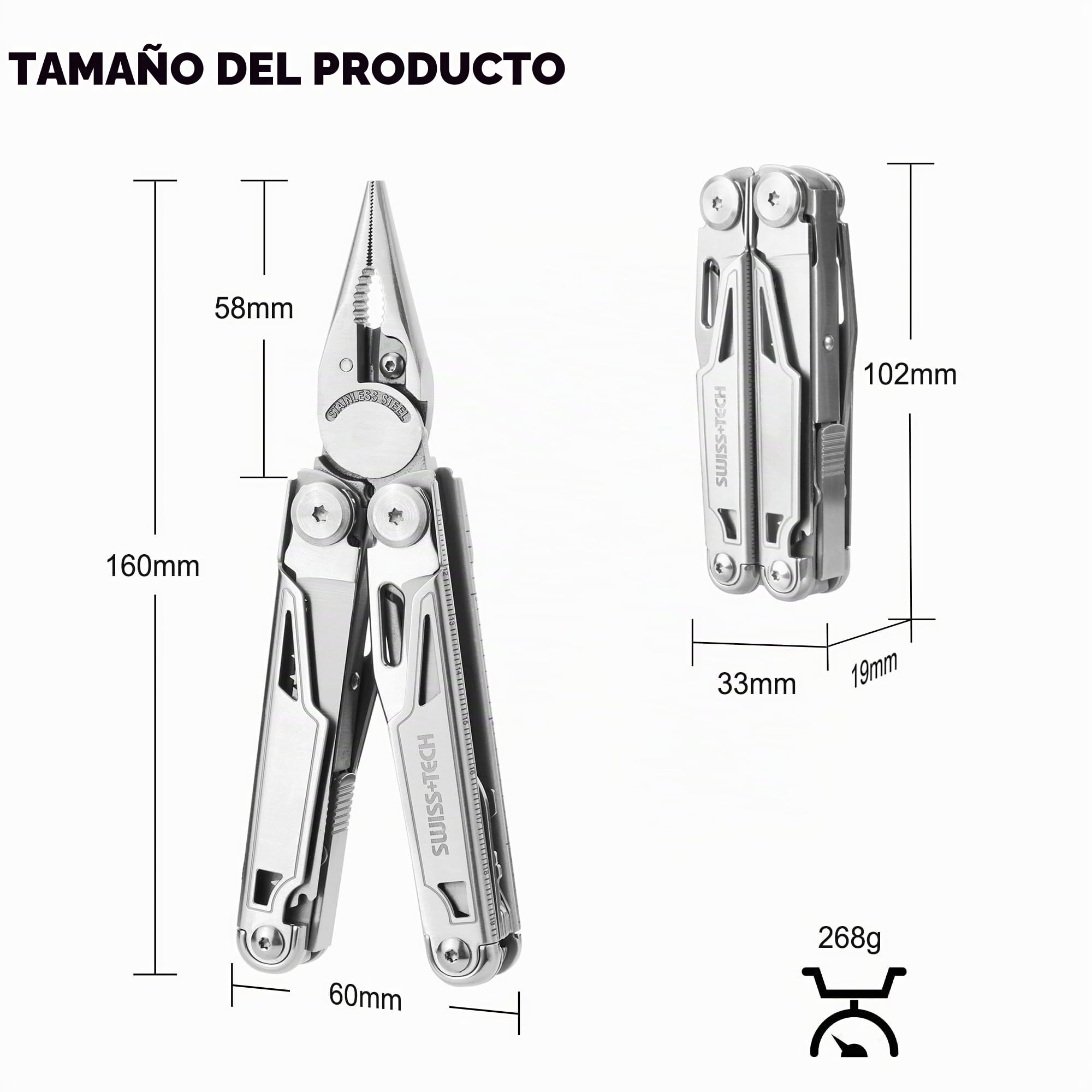 Swiss+Tech Alicate Multiuso 16 en 1, Navaja de Acero Inoxidable con Bolsa Oxford, Multiherramienta Plegable, Multifunción Sierra para Acampada y Senderismo, etc