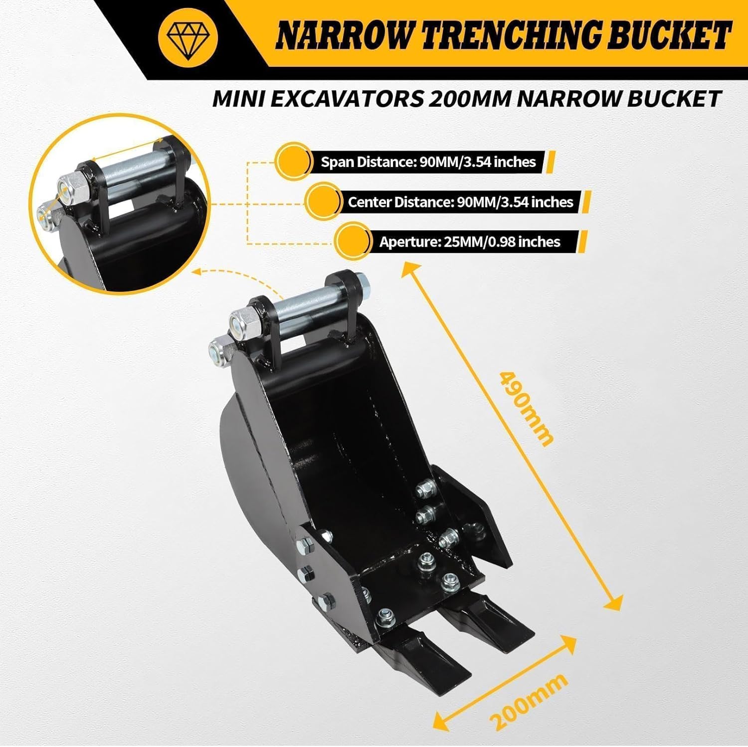 200mm narrow trenching bucket compatible with mini excavators digger, 7.87in small excavator bucket, bucket metal trenching digger with metal teeth