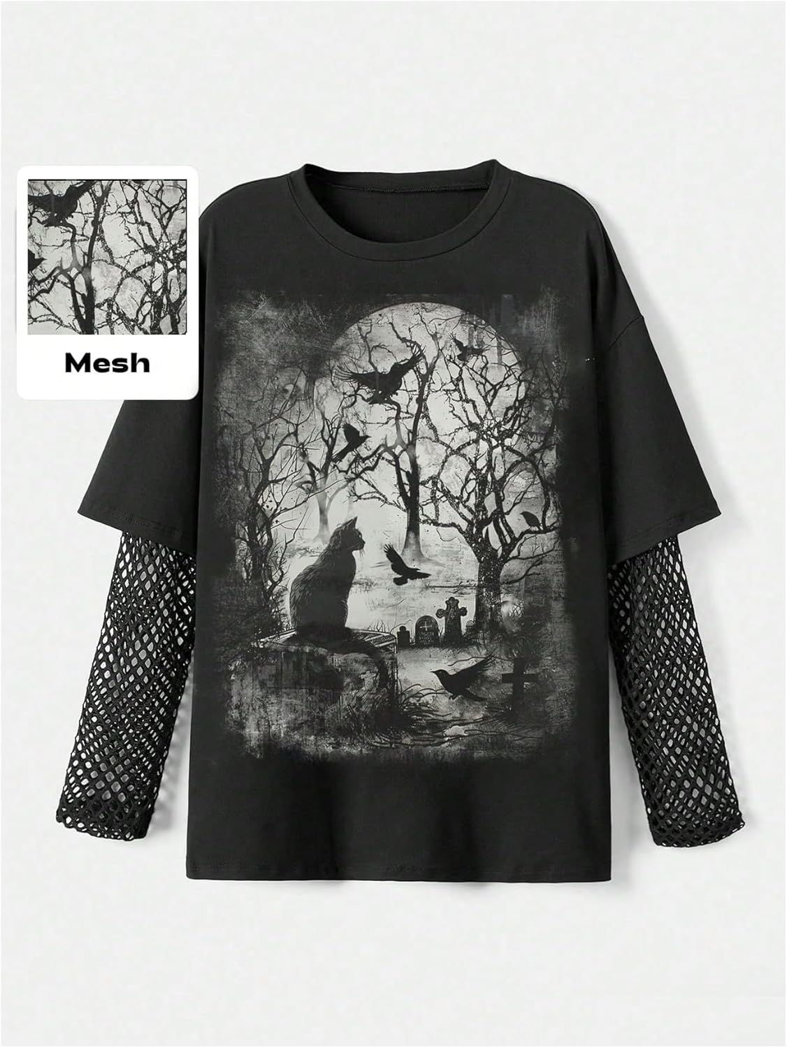 Women's Cat Print Mesh Tops Gothic Grunge Punk Graphic Crewneck Long Sleeve 2 in 1 Going Out T Shirts - Image 4