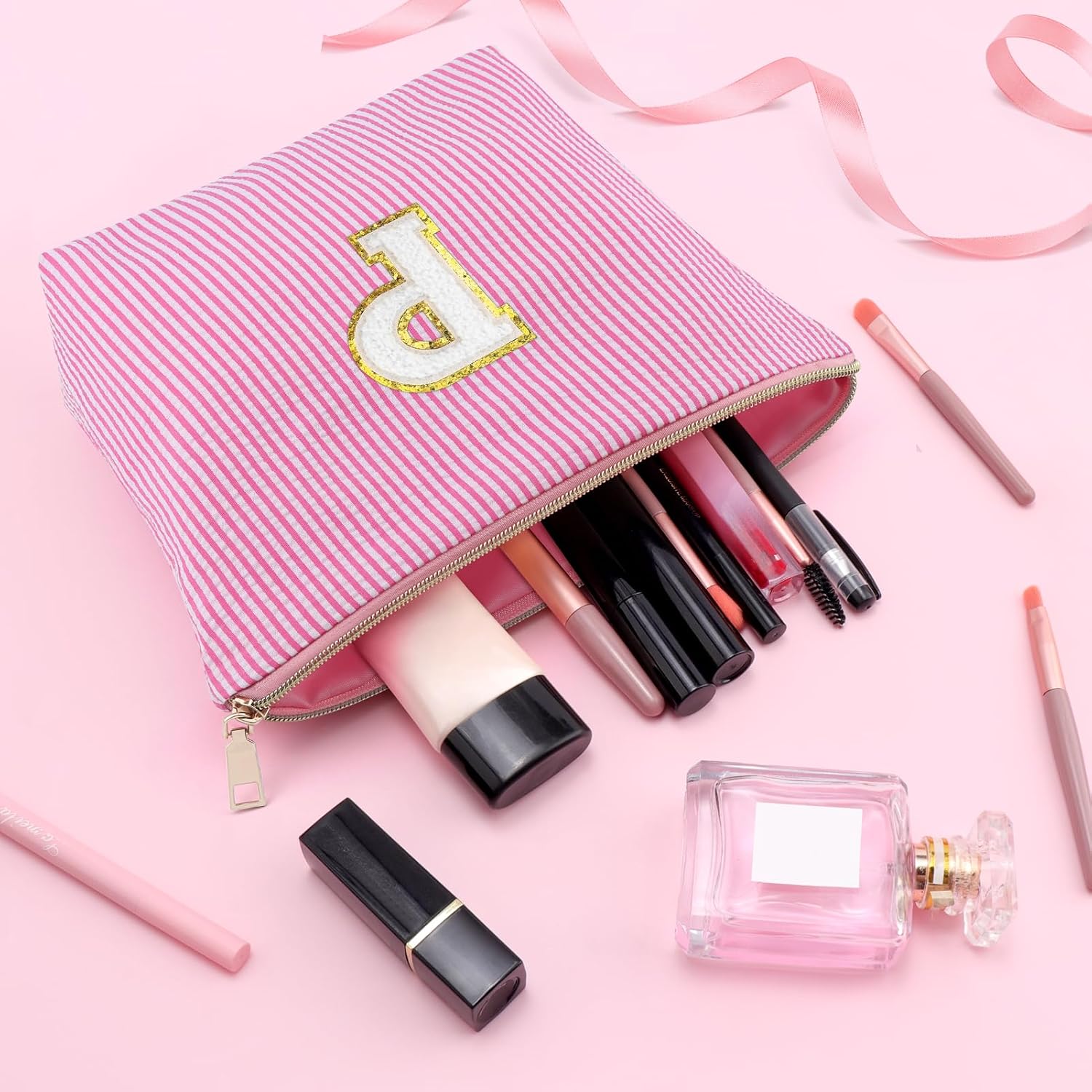 Mikela Makeup Bag for Women Monogram Cosmetic Bag Pink Travel Makeup Pouch Beauty Toiletry Pouch Organizer Unique Initial Gifts for Women Mom Sister Daughter Friend Bff Pink Letter P image 3