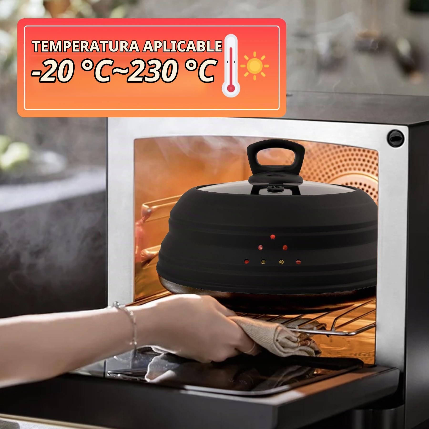 Cubierta de goteo para microondas, cubierta con asa para alimentos, plegable, silicona, cubierta con orificio de vapor para sartén o tazón (Negro, 10.5 Pulgadas)