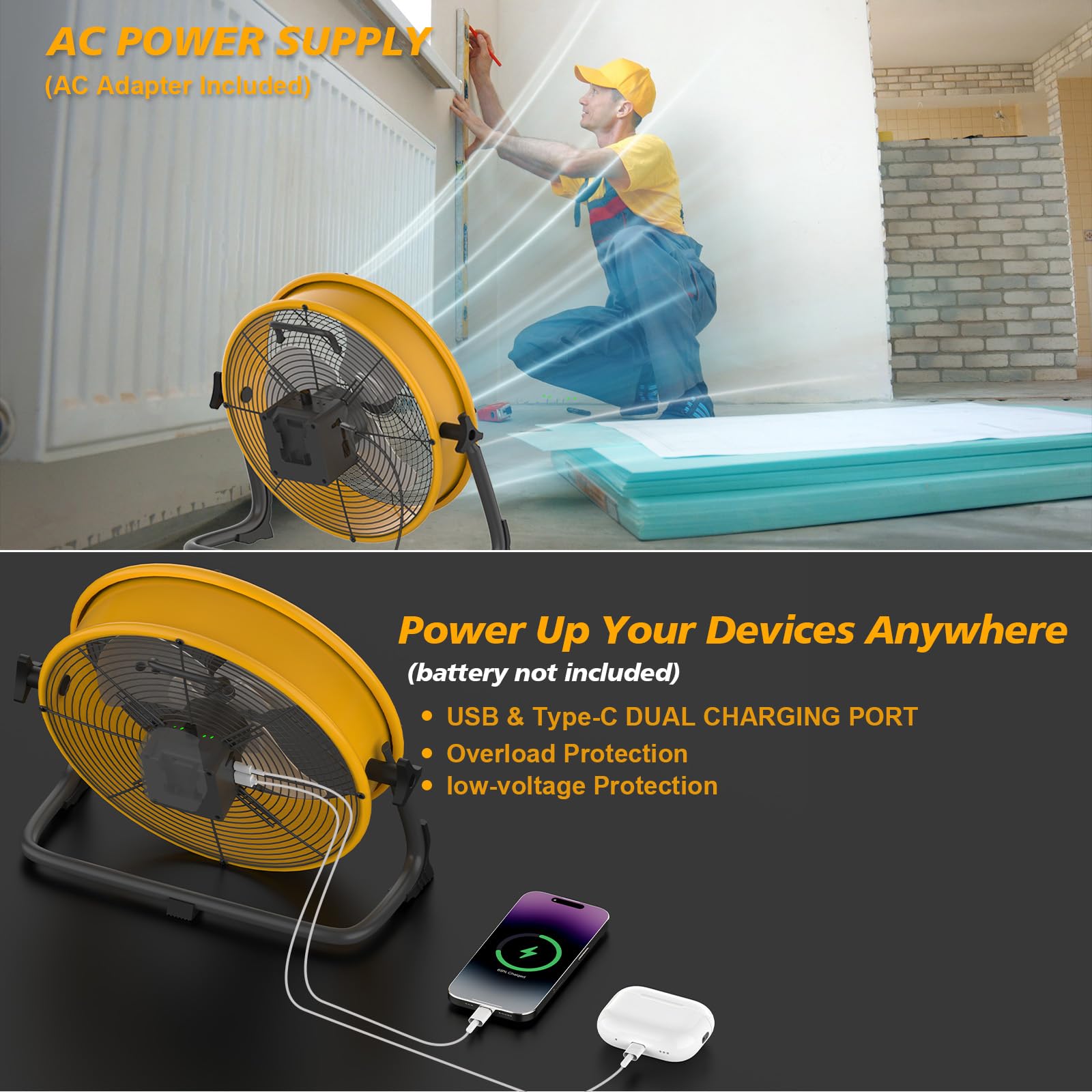 Wentylator podłogowy 40.6 cm na baterie do akumulatora Dewalt 20 V Max, przenośny wentylator z zasilaczem sieciowym i wyjściem USB, metalowy przemysłowy wentylator o dużej prędkości, bezstopniowy