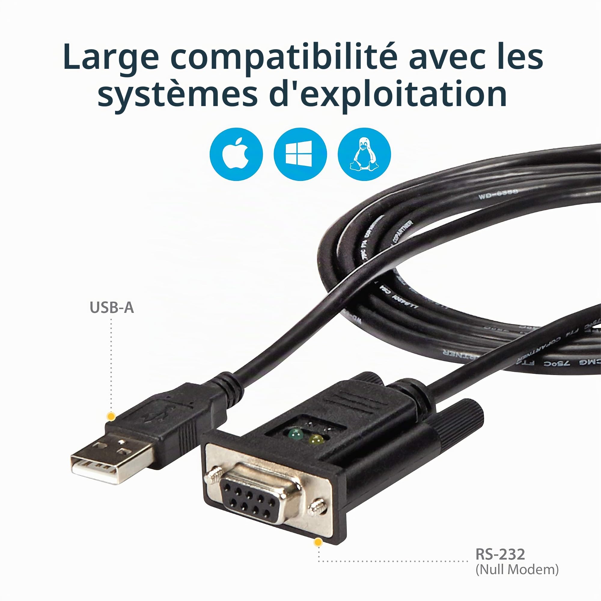 StarTech Adaptateur USB vers Série RS232 1,8m, DB9 DCE, FTDI (ICUSB232FTN) | Câble adaptateur série, Null Modem, USB 2.0, Windows, Mac, Linux, 921, 6 Kbps, 1 Port