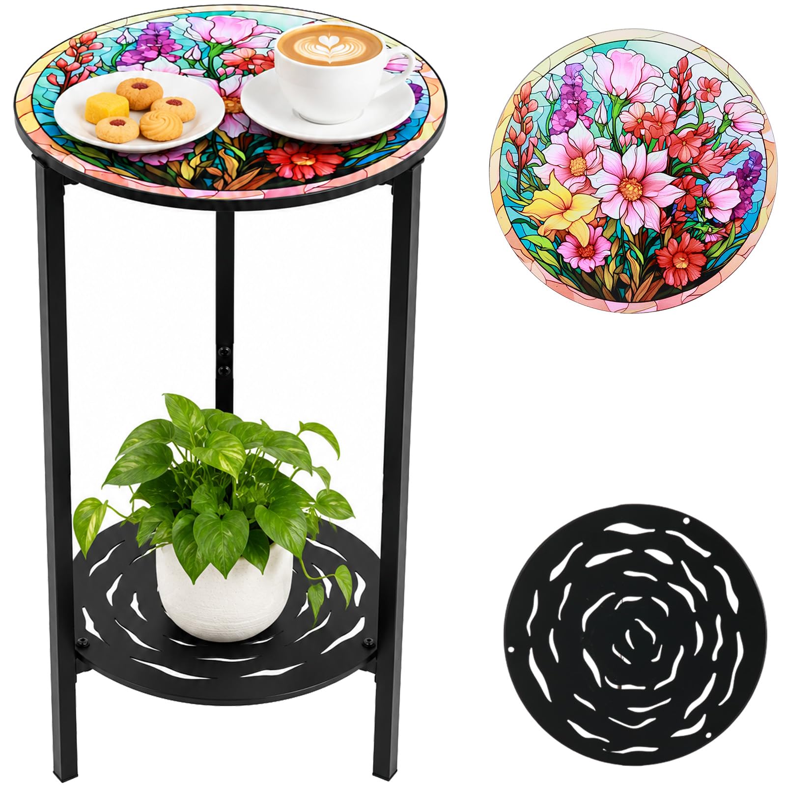 Photo 1 of lucpur 2-Tier Metal Round Side Table Accent Coffee Tables Small Space Corner Plant Stand Shelf for Indoor Outdoor Use Patio Balcony End Table Colorful Floral Print Weather-Resistant