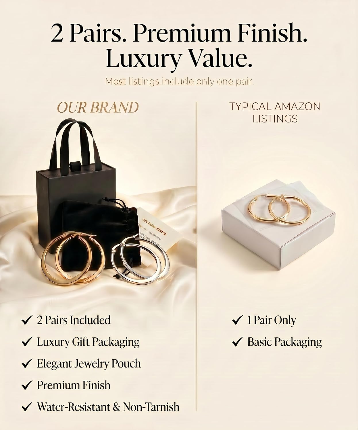 14K Gold Hoop Earrings for Women, 2 Pairs Set, Waterproof & Hypoallergenic, Yellow & White Gold Hoop Earrings for Sensitive Ears, Classic Shiny Lightweight Jewelry