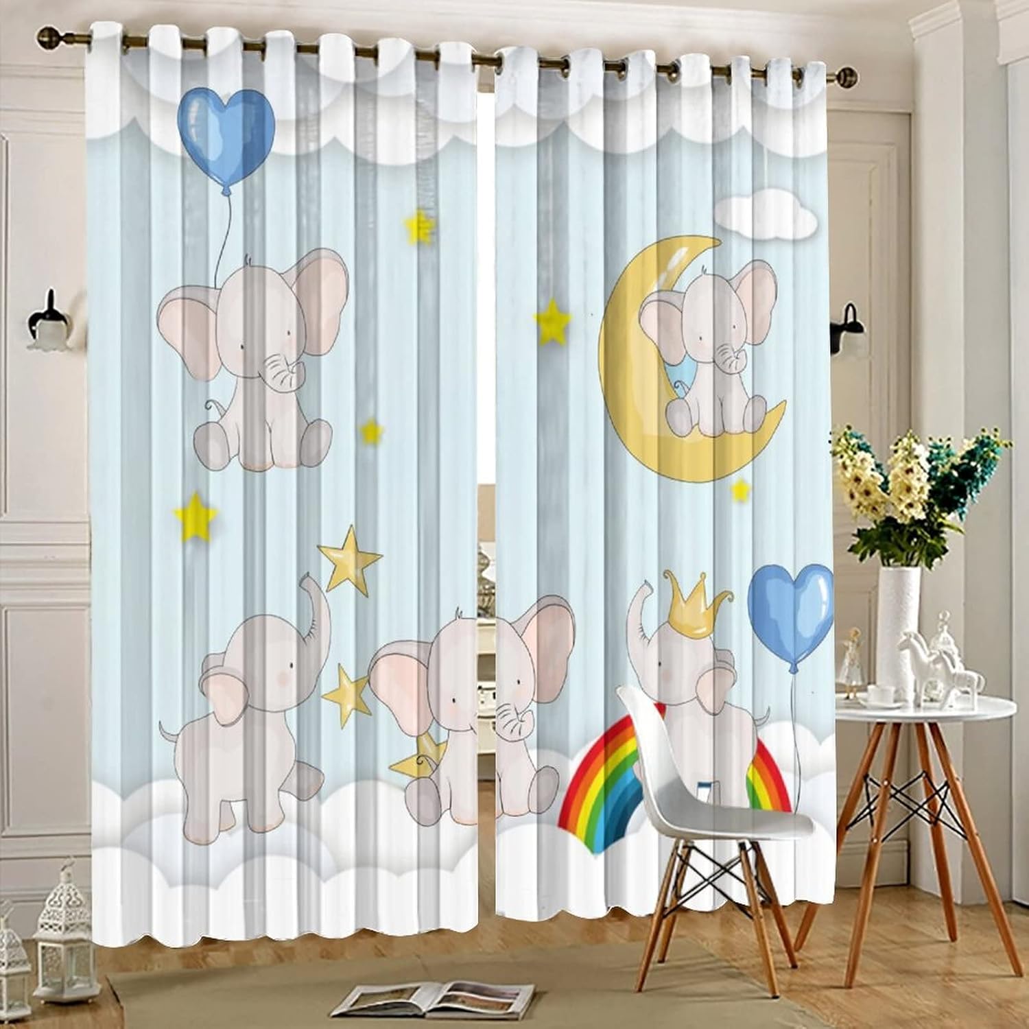 Cute Elephant Ultra Soft Premier Blackout Curtains,Boy Girl Rainbow Cartoon Balloons ElephantThermal Insulated Bedroom Noise Reducing Patio Door Grommet Top,2 Panels 72L x 31.5W