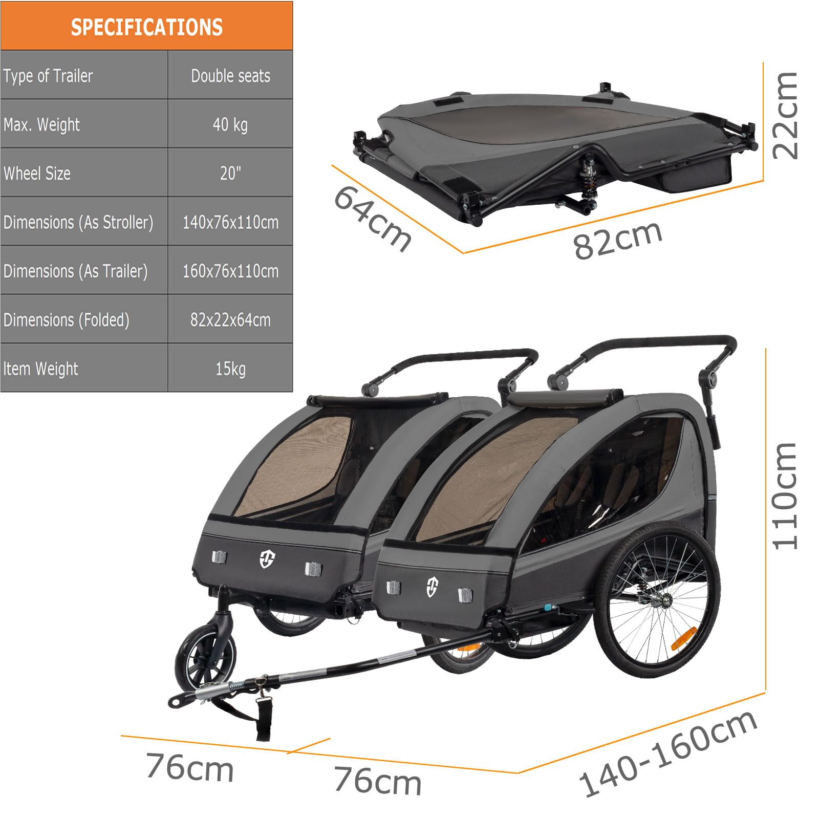 Tiggo Kinderanhänger 360° Drehbar mit Federung 2in1 Fahrradanhänger Buggy Set Jogger 5-Punkt Gurt für 1 bis 2 Kinder max. 40kg