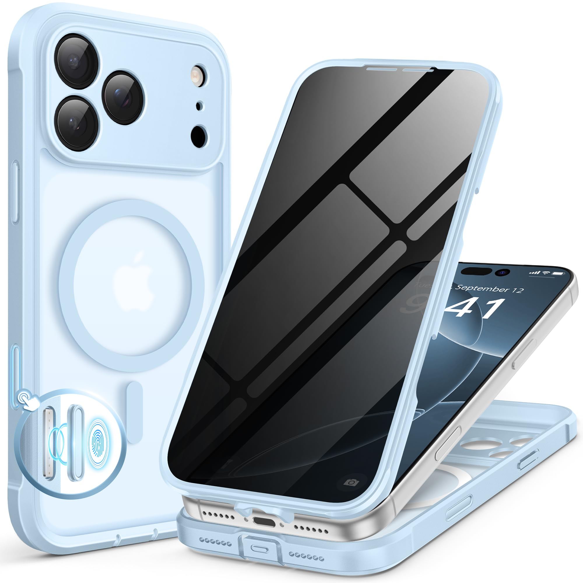BERFY for iPhone 17 Pro Max Case, Compatible with MagSafe, Built-in Privacy Screen Protector, Camera Protection, Shockproof Full Body Phone Case 6.9", Translucent Sky Blue