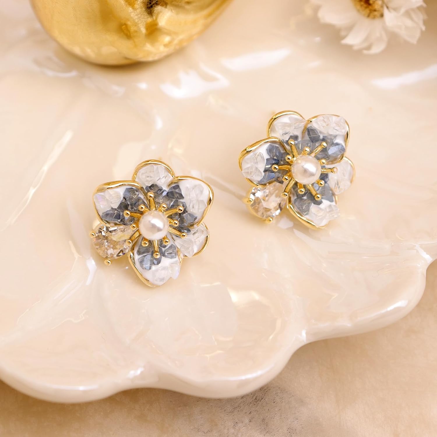 Sonateomber Gold Pearl Flower Stud Earrings for Women, Statement CZ Floral Petal Enamel Earings Wedding Prom Accessories Fashion Jewelry Gift - Image 4