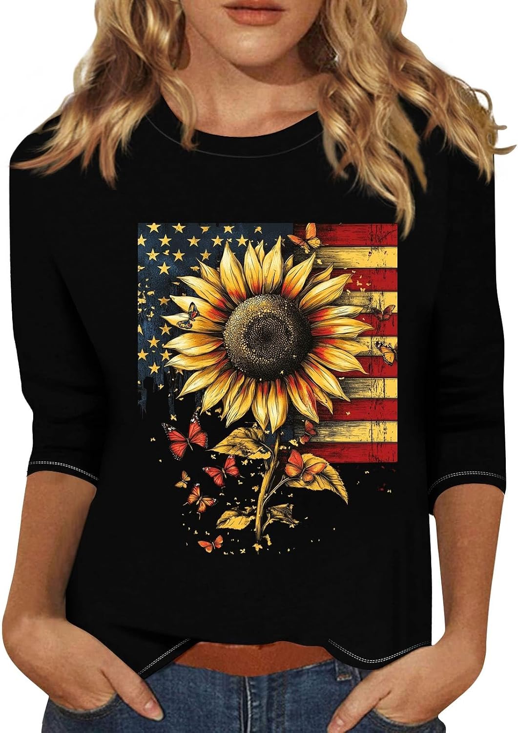 4th of July Tops for Women Summer Dressy Blouse Fashion 3/4 Sleeve T Shirts American Flag Stars Stripes Shirts