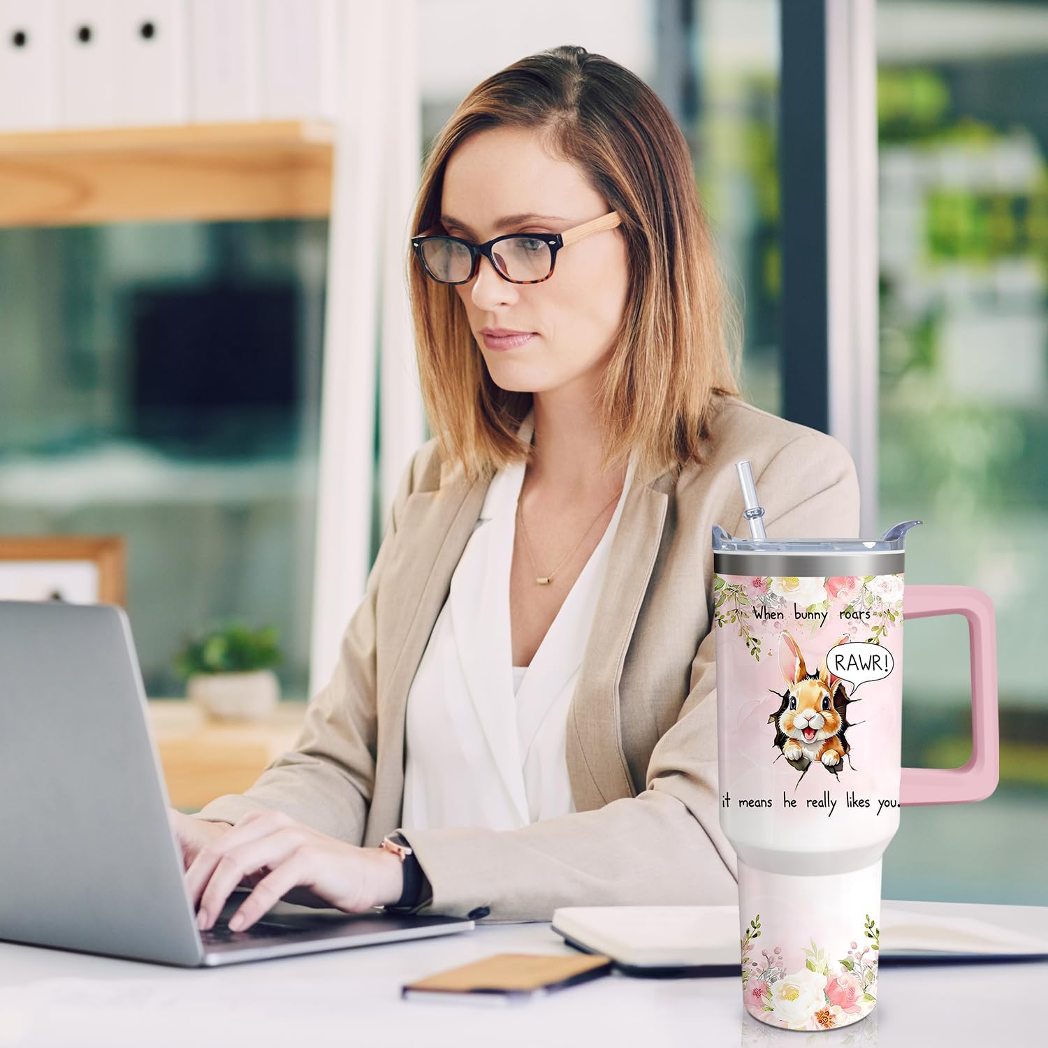 40oz Rabbit Stainless Steel Tumbler with Handle and Straw, Bunny Insulated Cup Travel Coffee Mug Water Bottle with Lid and Straw, Animal Lovers Women Gifts - Image 6