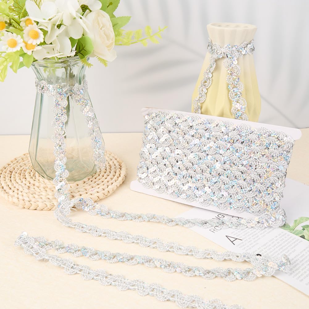 CRASPIRE 24 Yard Sequins Trim Ribbon Sequin White 0.67In Braid Woven Lace Beaded Wave Spangle Flat Glitter Paillette Fabric Metallic Rick Rack Strip for DIY Crafts Sewing Clothes Decor Gift Wrapping