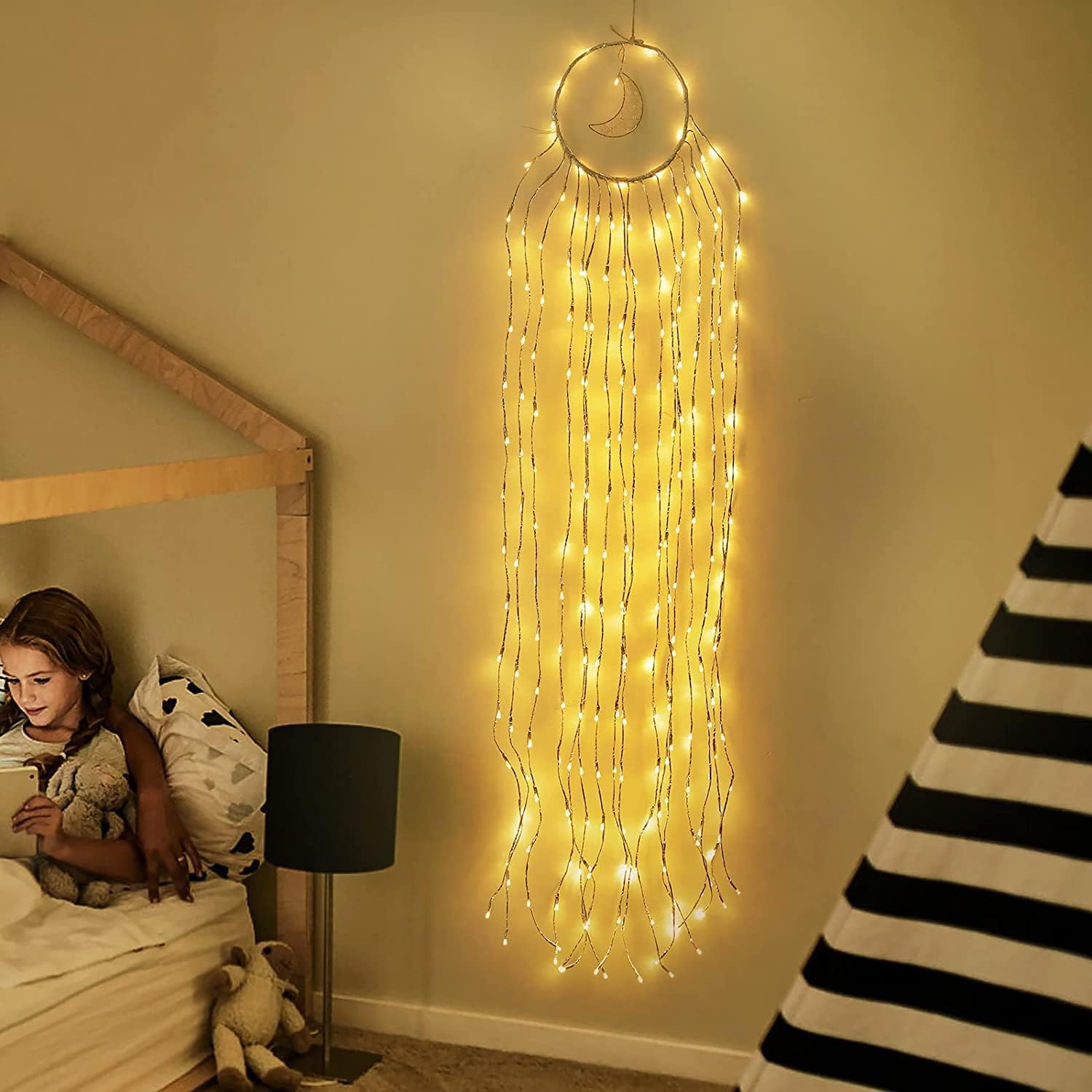 GOESWELL Dreamcatcher Silver Vine Light, Bedside Night Light, Moon Fairy Lights Plug in, 6.4 Feet 250led Twig Vine Lights, Boho Home Decor for Bedroom Living Room Walls, Warm White