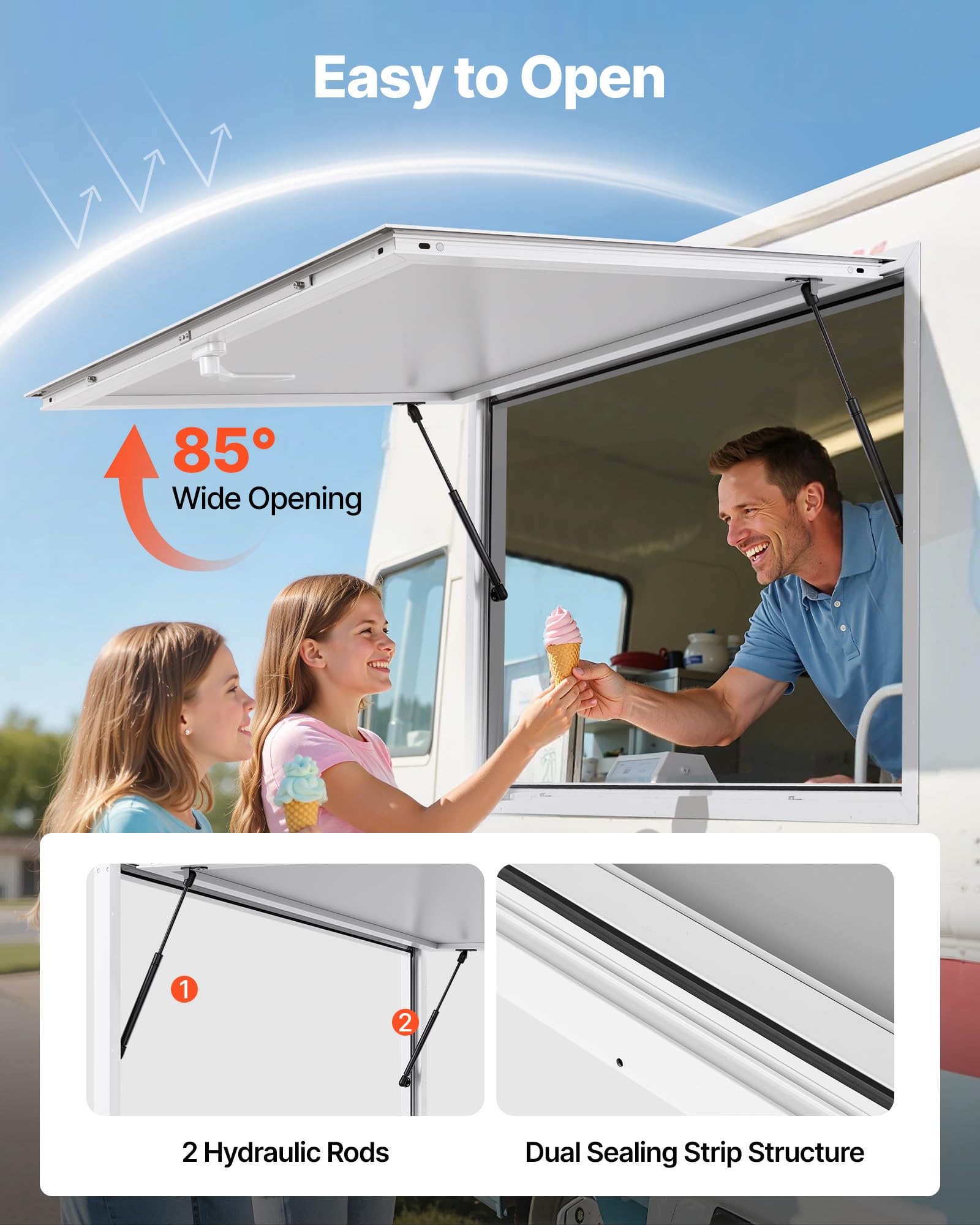 VEVOR Fenêtre de Concession pour Camion Restaurant 188 x 101,6 cm, Fenêtre de Service pour Stand de Vente, Cadre en Alliage d'Aluminium, sans Verre, avec Porte à Auvent et Crochet de Traction