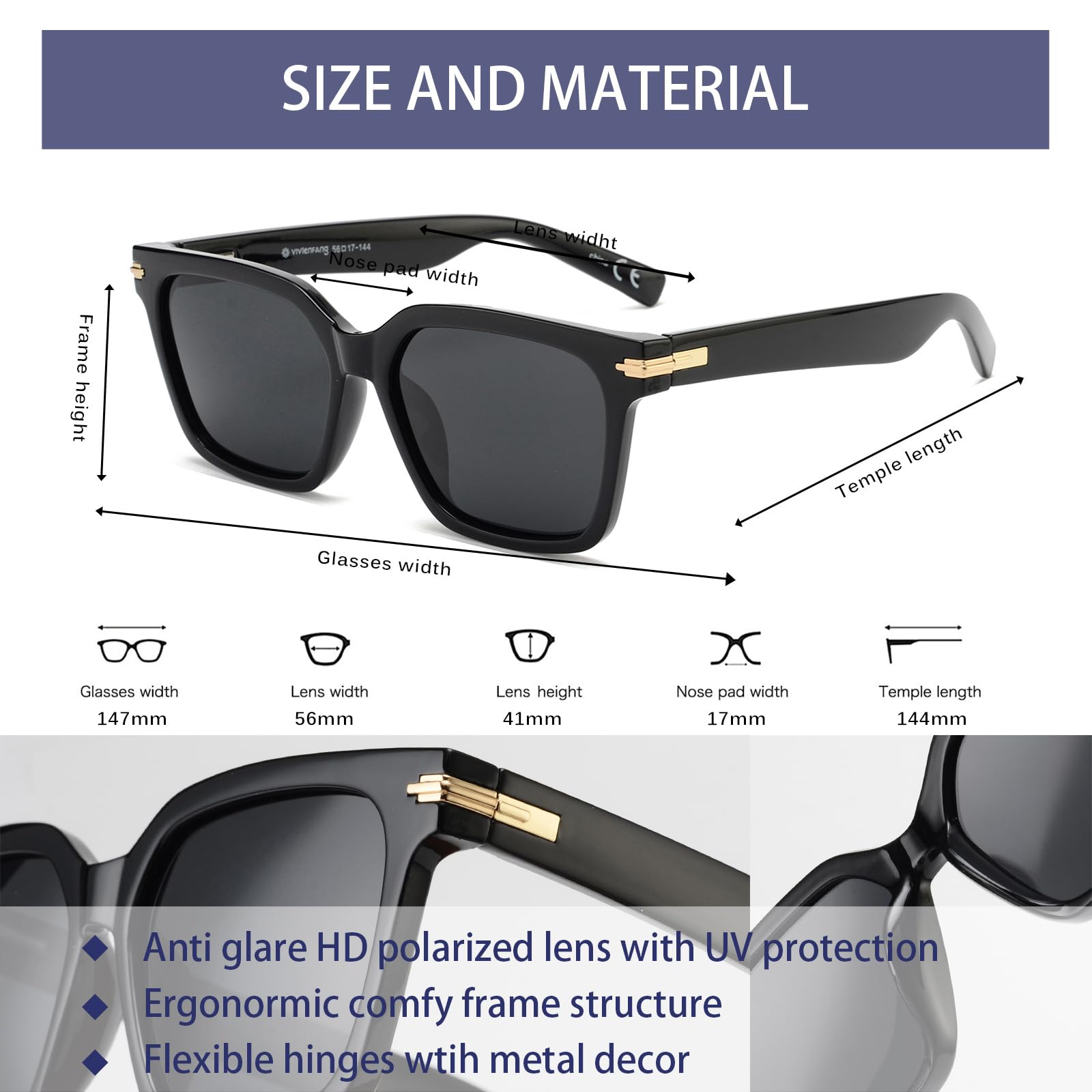 OUWEN OW2234 Retro-Sonnenbrille, polarisiert, rechteckig, für Damen und Herren, modische Farben, flexible Kunststofflinse, UV-Schutz