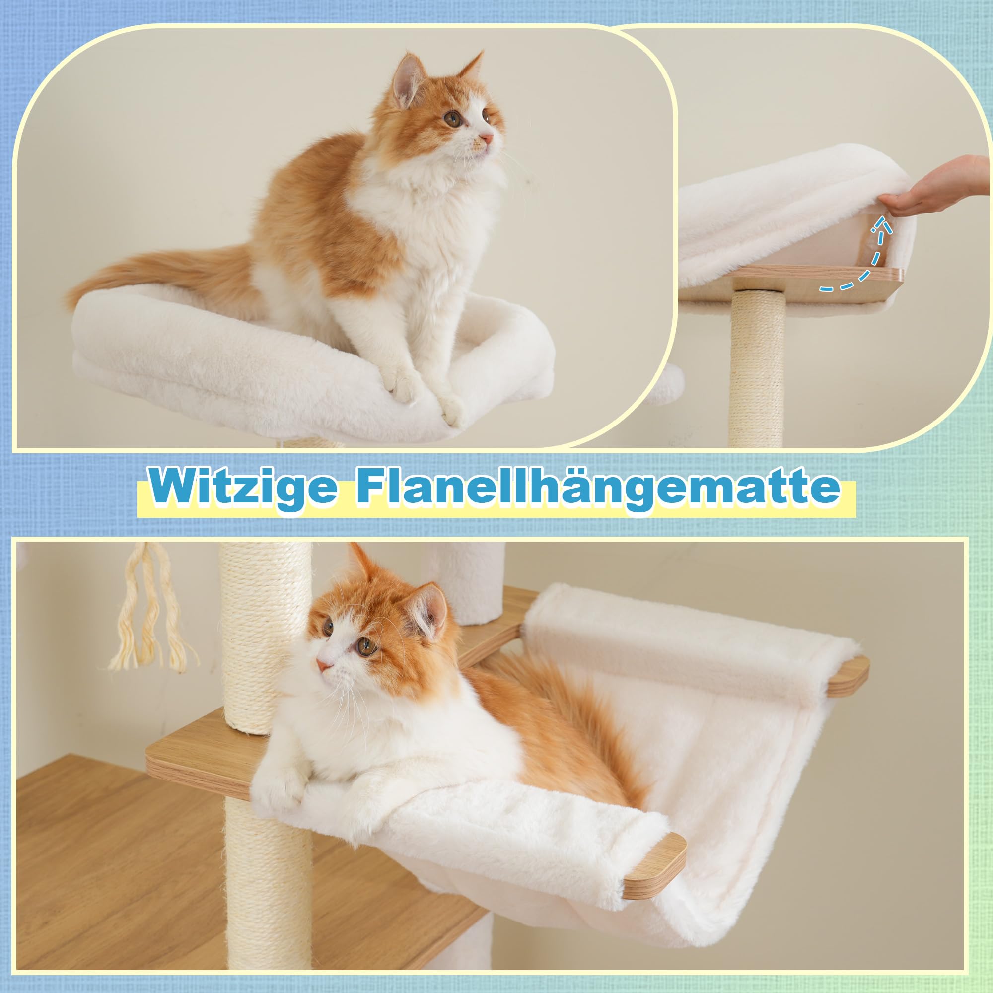 Hey-brother Albero per Gatti in Legno Moderno, Tiragraffi per Gatti 184 cm, Multinivello Stabile con Piattaforme Grandi, Amaca, Nido Spazioso, Pettine per Mantello e Scala, Bianco Rovere MPJ121BT