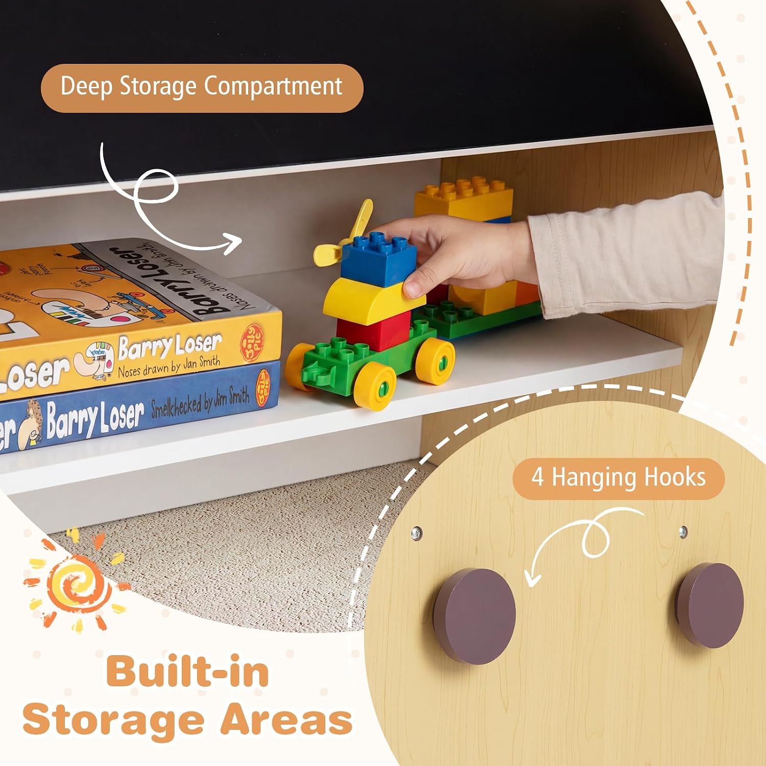 HONEY JOY Kids Table and Chair Set, 3-in-1 Children Wooden Activity Set with Double-Sided Whiteboard/Chalkboard, Storage, Hooks, for Art, Craft, Drawing, Reading, Gift for Toddlers 3-10 Years Old