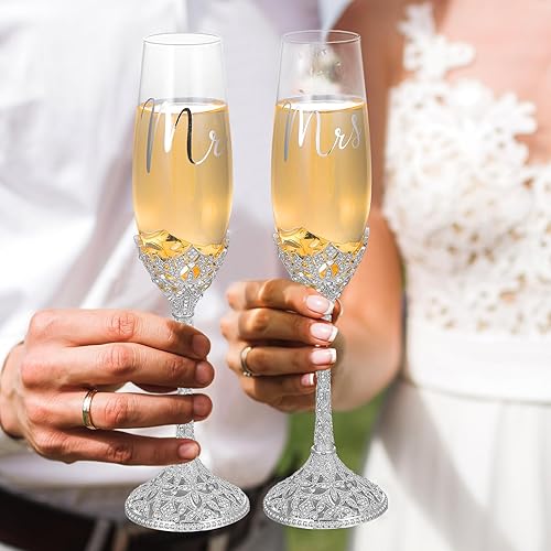 Miniatura 5 de Sratte Juego de 4 cuchillos para pastel de boda y copas de champán, copas de champán con diamantes de imitación de cristal, vasos, cuchillo para