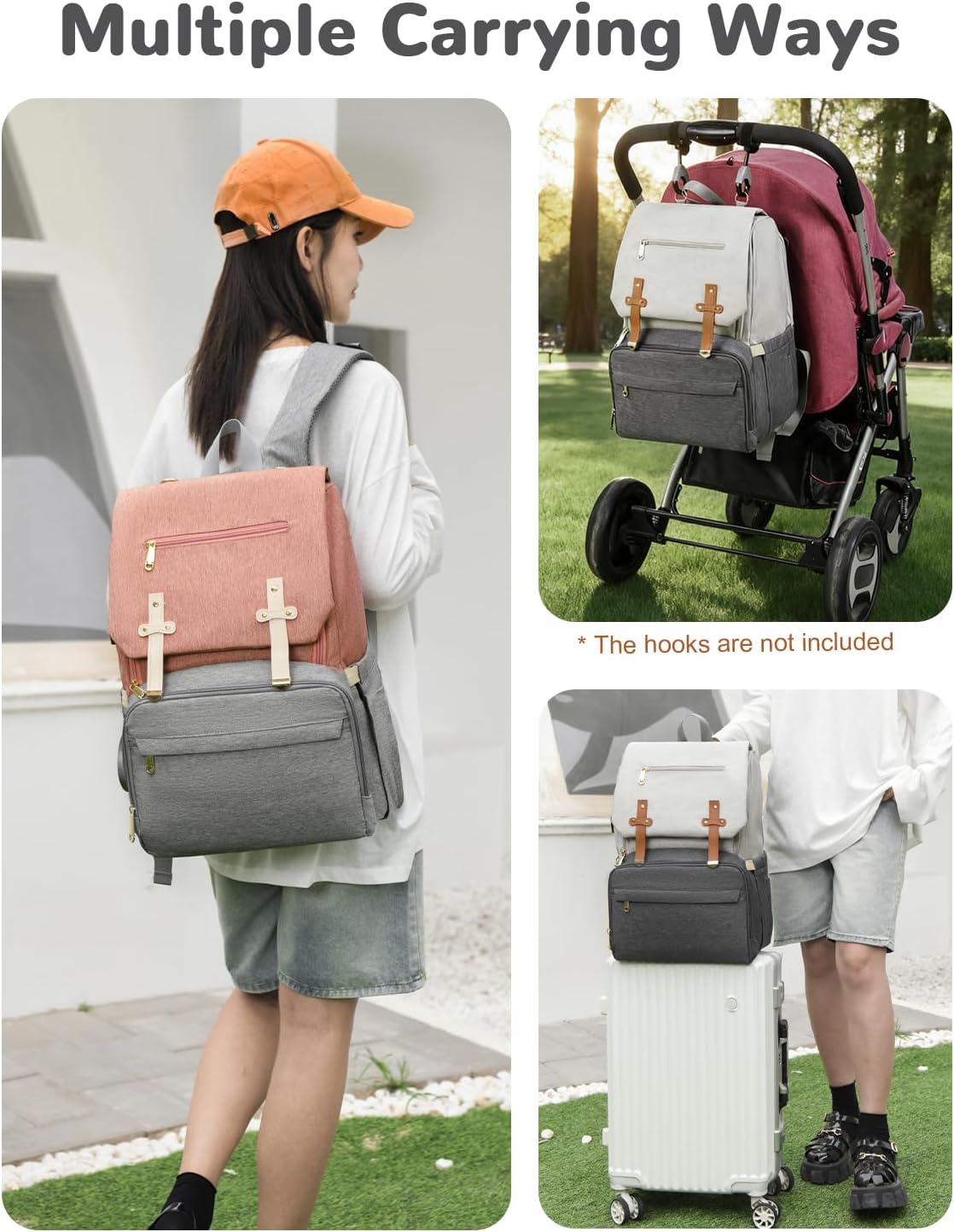 Baby Diaper Backpack with Changing Pad and Insulated Pockets, Large Colorblock Diaper Bag as Baby Shower Gifts, Multipurpose Travel Backpack with Shock Resistance, Pink-Grey