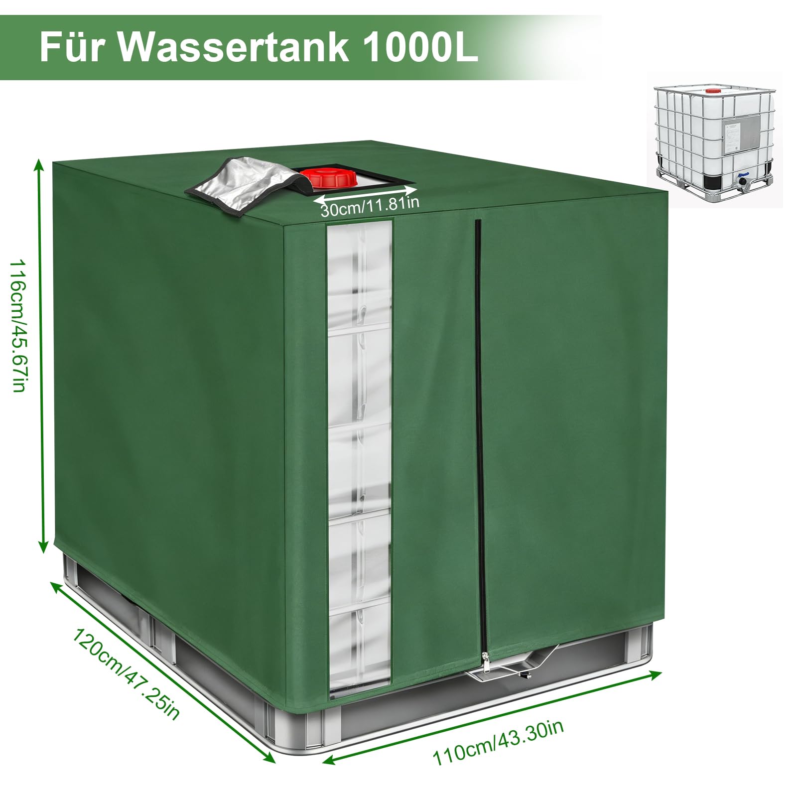 IBC Pokrowiec na zbiornik na wodę 420D Oxford, plandeka ochronna na zbiornik 1000L, osłona na zbiornik IBC UV, osłona na zbiornik na wodę deszczową z oknem, 120 x 110 x 116 cm - zielony