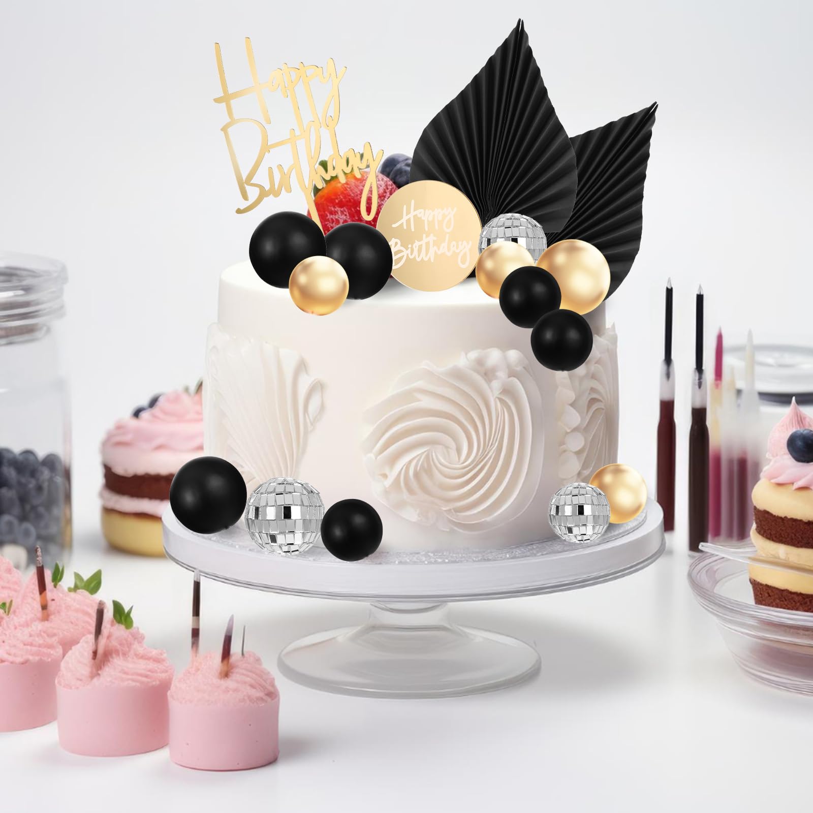 61-tlg. Kugel-Cake-Topper Set Schwarz-Gold – Für Torten, Cupcakes, Geburtstag & Hochzeit