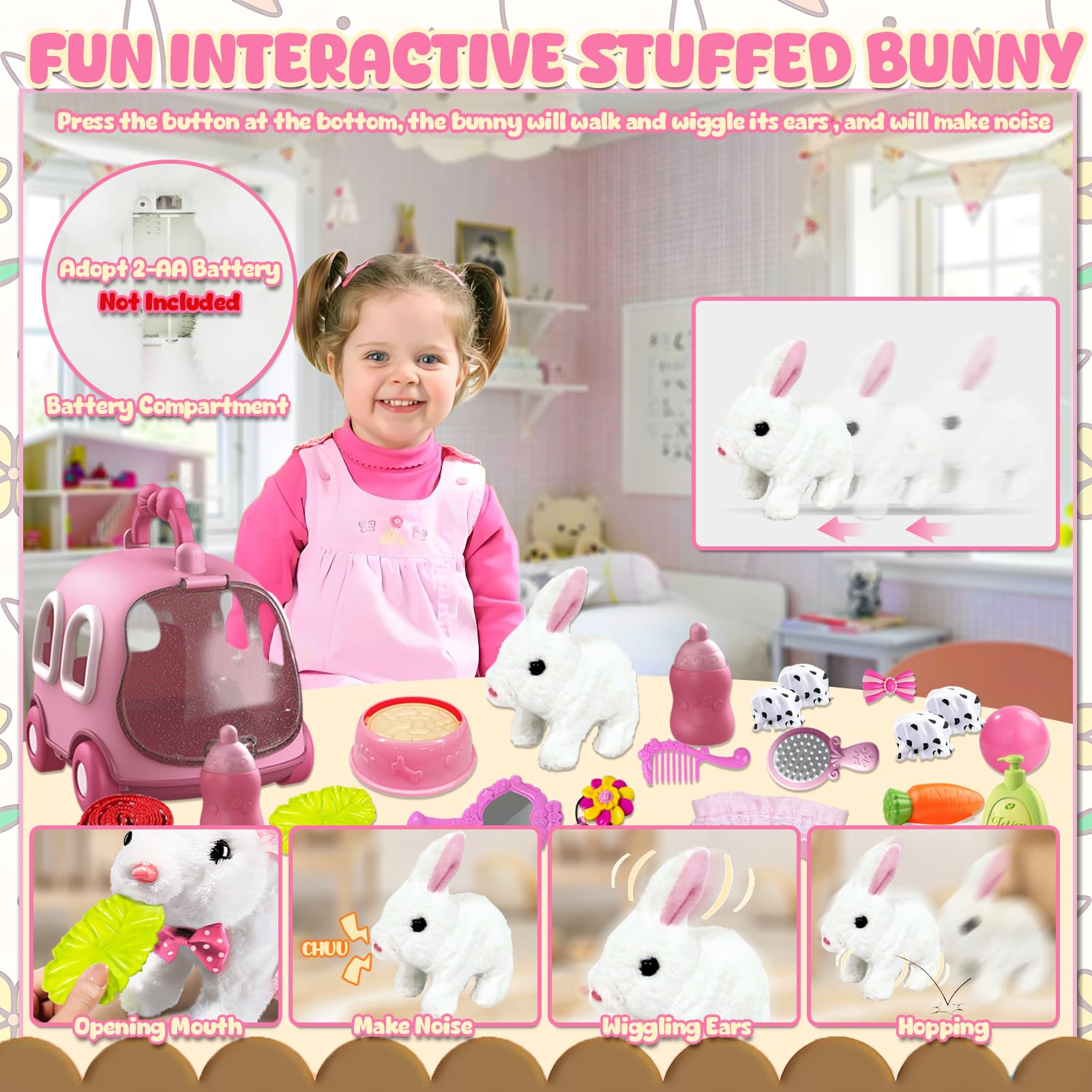 STAY GENT 21 Pezzi Coniglio Giocattolo Interattivo per Bambini, Coniglio Peluche che si Muove Orecchie e Saltella con Gabbia, Pet Peluche Animali Gioco Pasqua Regali per 2 3 4 5 6 anni Ragazza Ragazzo