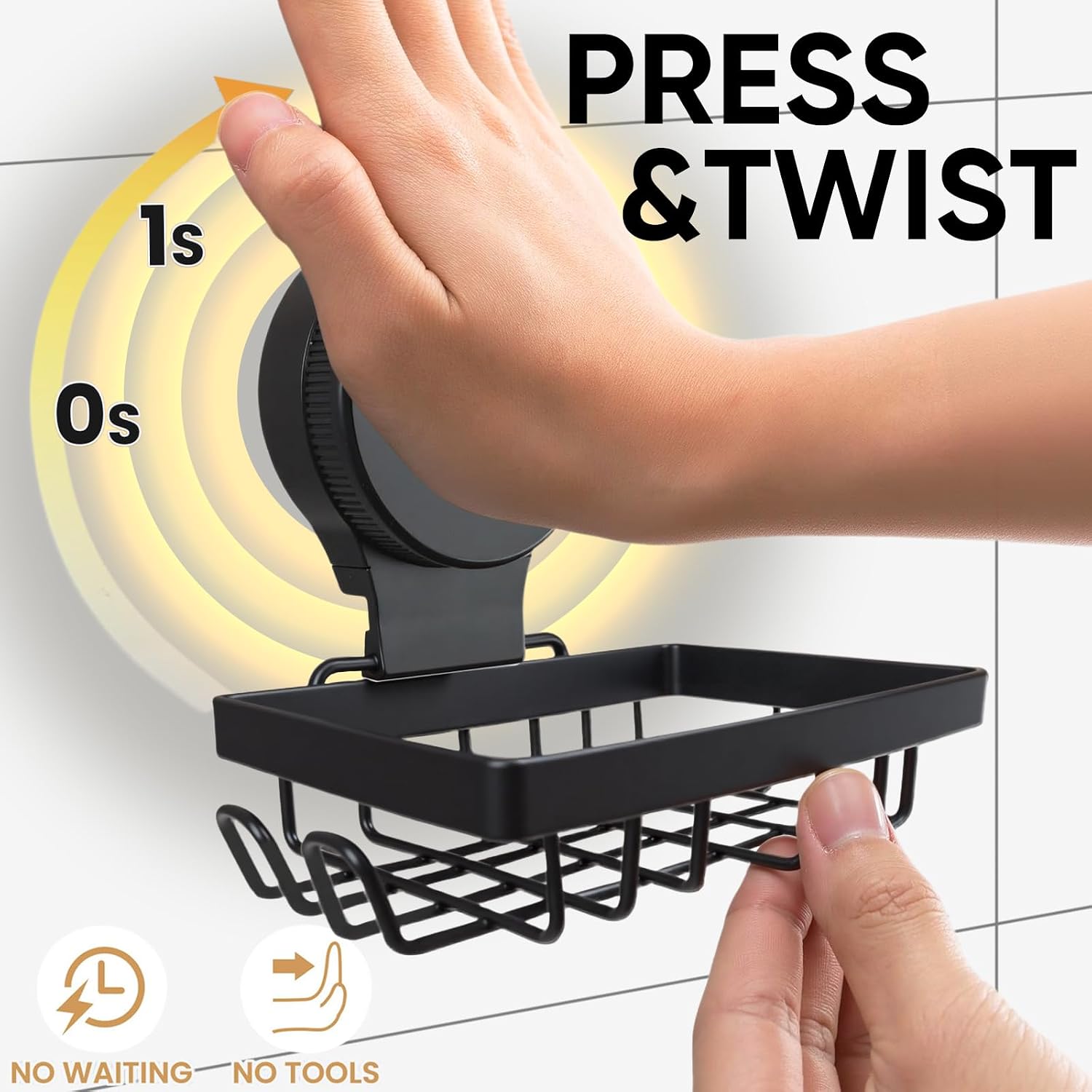 Soap Holder Bar Dish Suction Cup, Bar Shampoo Rack for Shower Wall, Draining Soap Saver Tray for Bathroom, Rustproof Stainless Steel Sponge Holder for Tub, Kitchen, Drill-Free (Black, 1-Tier)