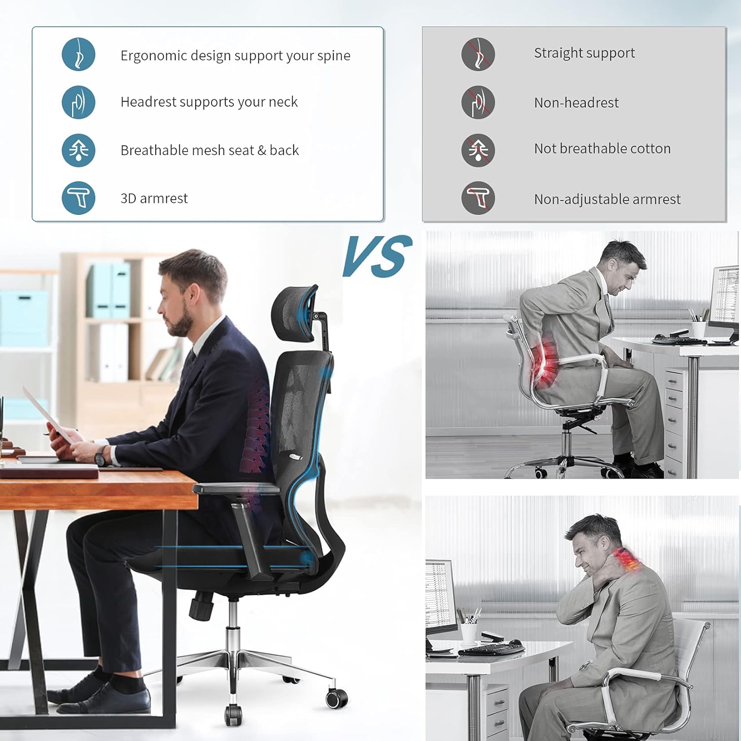 mfavour Ergonomic Office Chair, Mesh Chair with 3D Armrest and Adjustable Headrest, High Back Office Chair with Breathable Mesh and Lumbar Support, Home Office Desk Chairs with Thick Seat Cushion: Kitchen & Dining