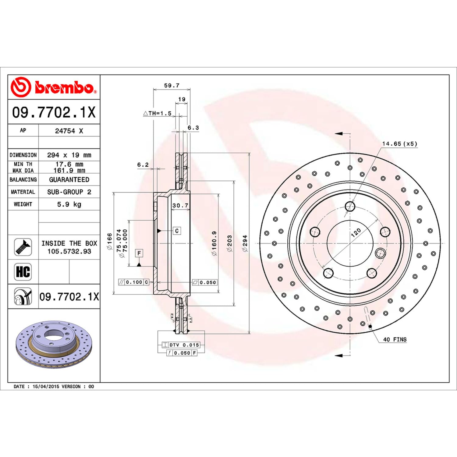 B>Brembo</b> Premium <b>UV</b> <b>Coated</b> <b>Xtra</b> Cross <b>Drilled</b> <b>Brake</b> <b>Rotor</b> <b>09</b
