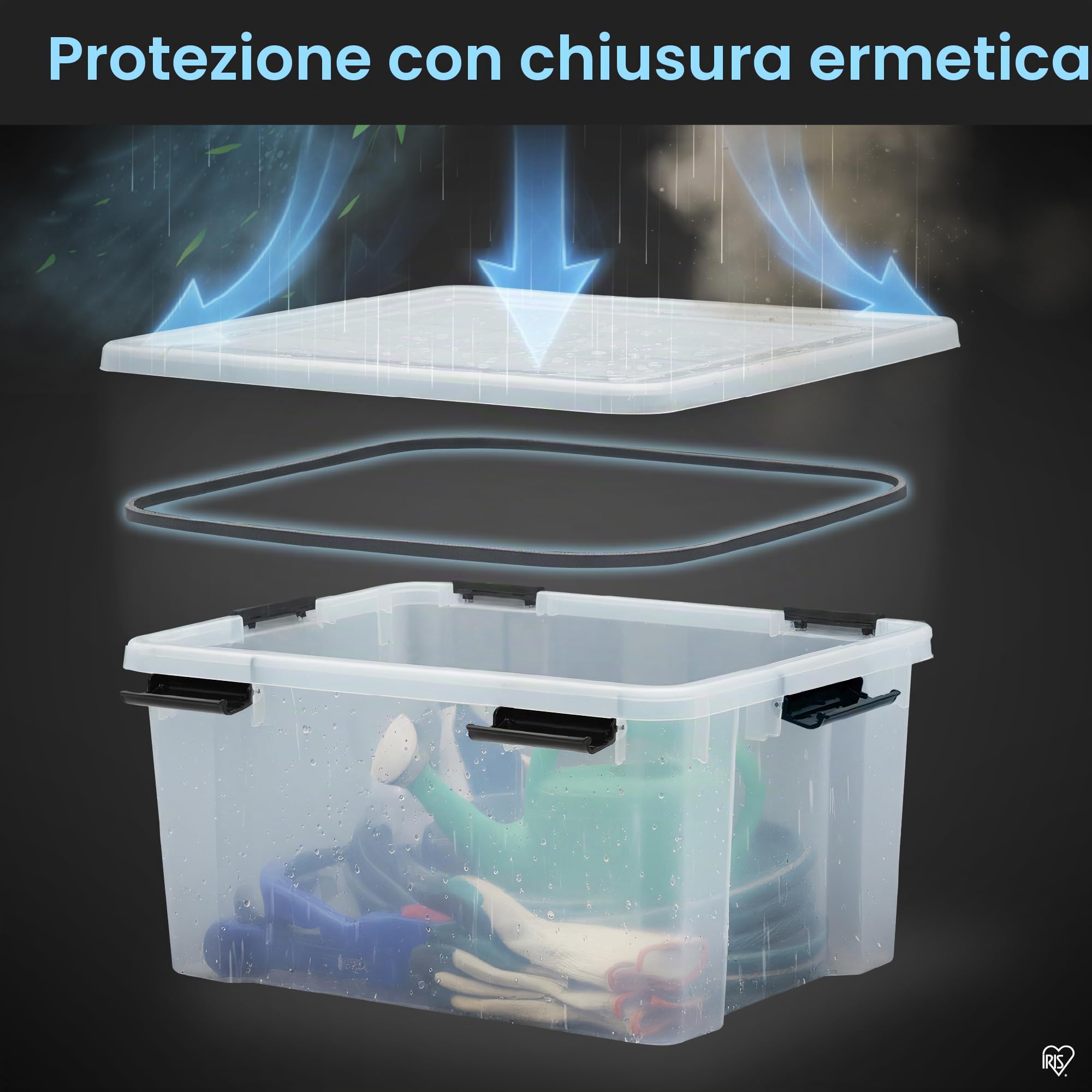 Iris Ohyama, Scatole Portaoggetti Ermetiche in Plastica, 50L, Set di 2, Trasparente, Coperchio Impermeabile, con Chiusura, Impilabile, Per Esterni, Garage, Vestiti, Antipolvere, Senza BPA, AT-L