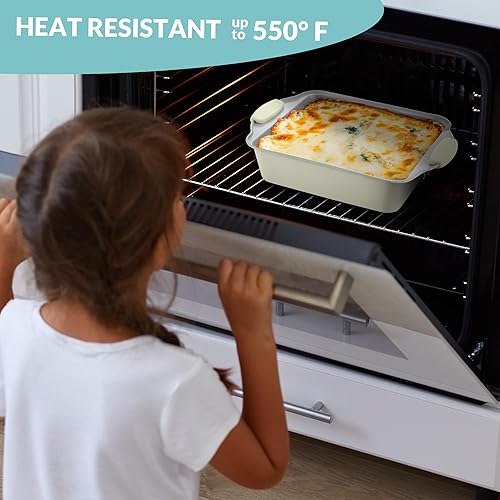 Miniatura 6 de Boxiki Kitchen Molde para hornear de 8 x 8 pulgadas, molde cuadrado de cerámica antiadherente para horno, sartén para brownie con mango de silicona,