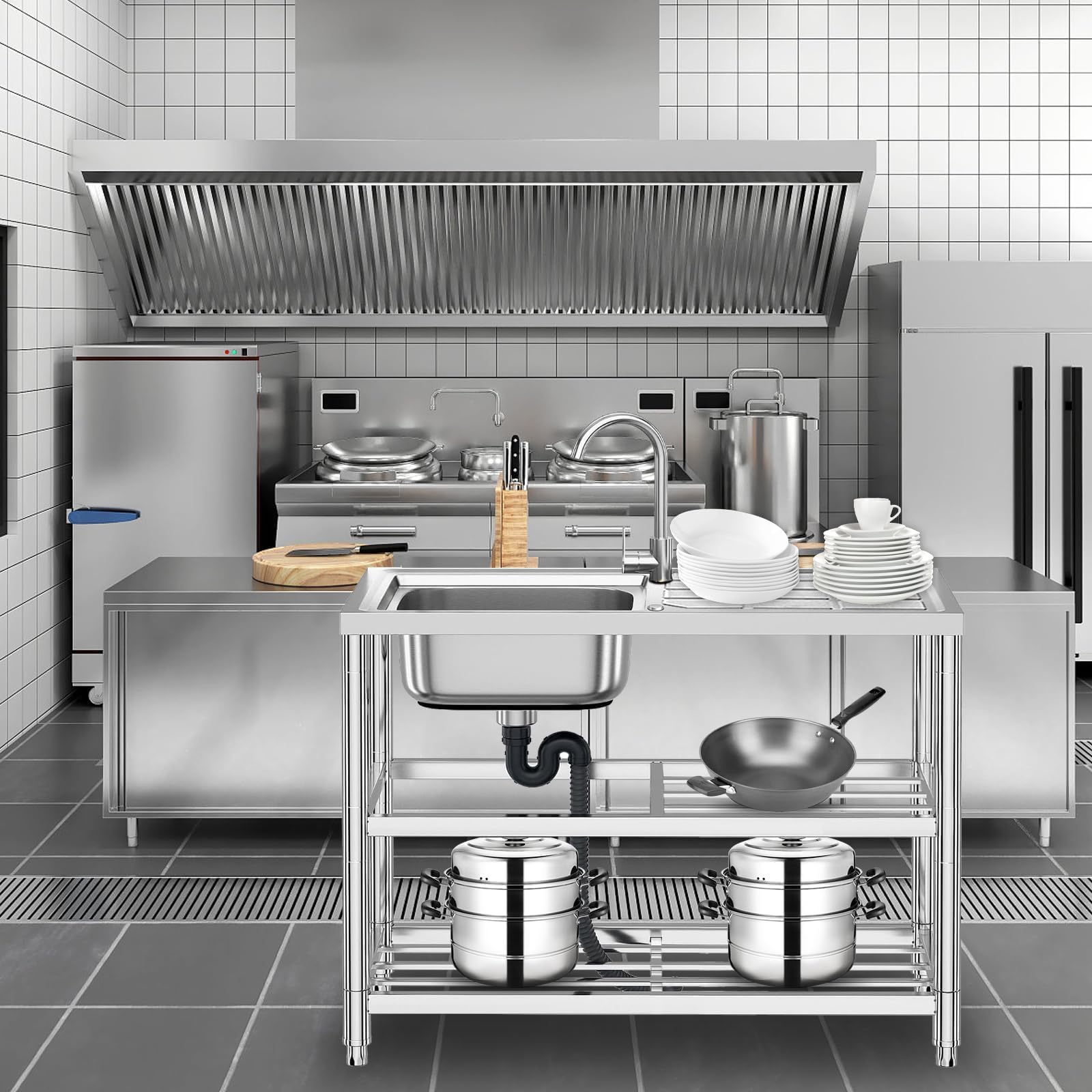 Bostar Fregadero de Cocina Independiente de Acero Inoxidable 75x40x80cm, Lavadero de Un Seno para Agua Fría/Caliente, Mueble con Estante de Almacenamiento para Exterior Garaje Jardín
