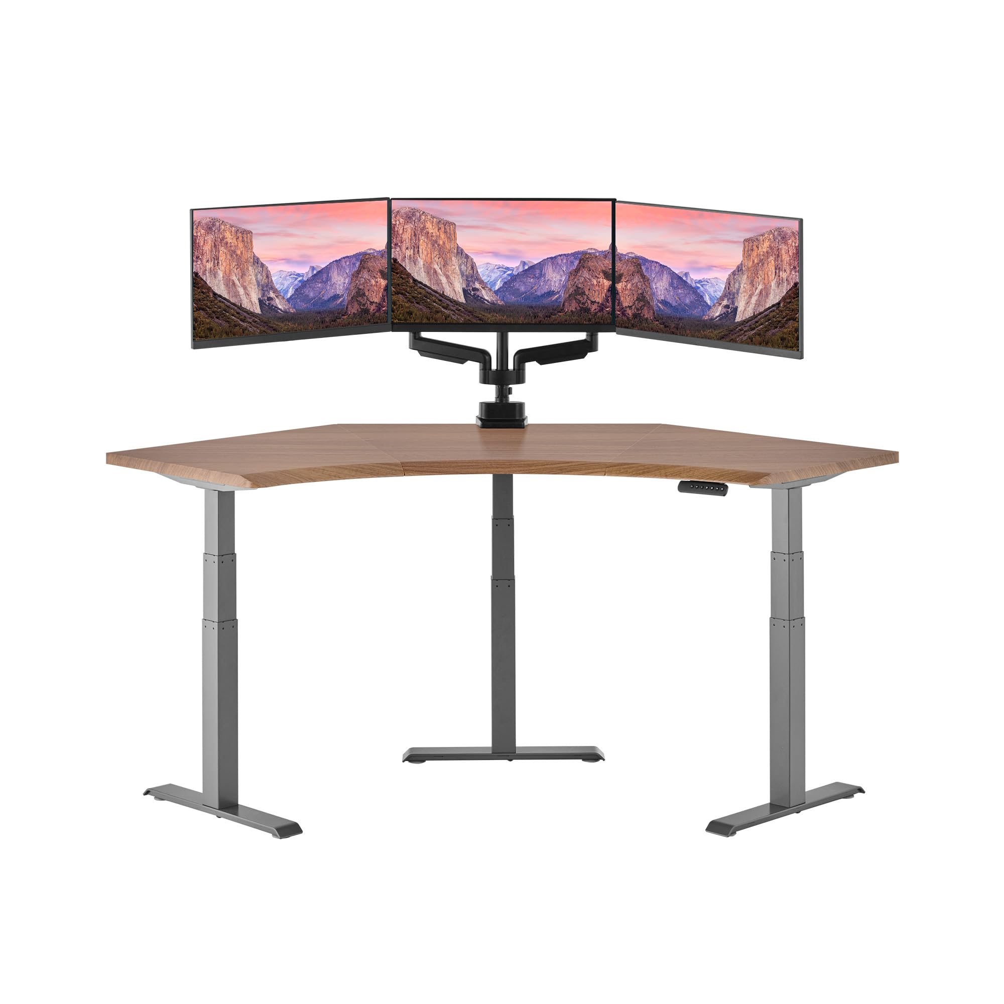 Vari Command Center Electric Standing Desk 120 Curved Sit-Stand Gaming Desk Corner Workstation for Triple Monitors Sloped Front