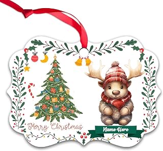 Dinoz Merry Christmas Moose Animal Watercolor Santa Claus Hat Xmas Tree Customized Name Ceramic Both Side Printed Aluminum Ornament for Home Keepsake Gift Decoration
